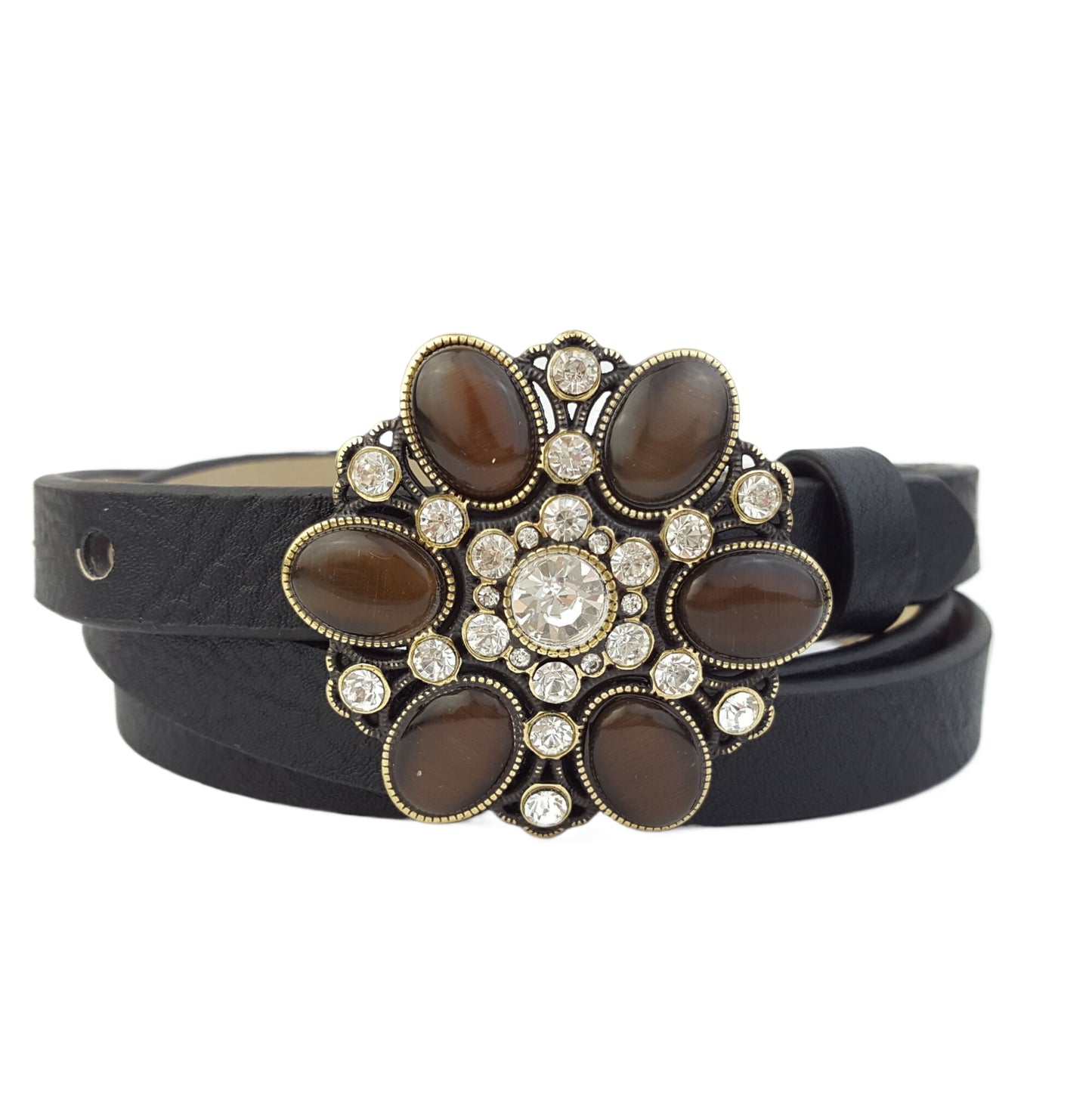 Belt Sale: Crystal & Stone Flower Buckle In Skinny Belt