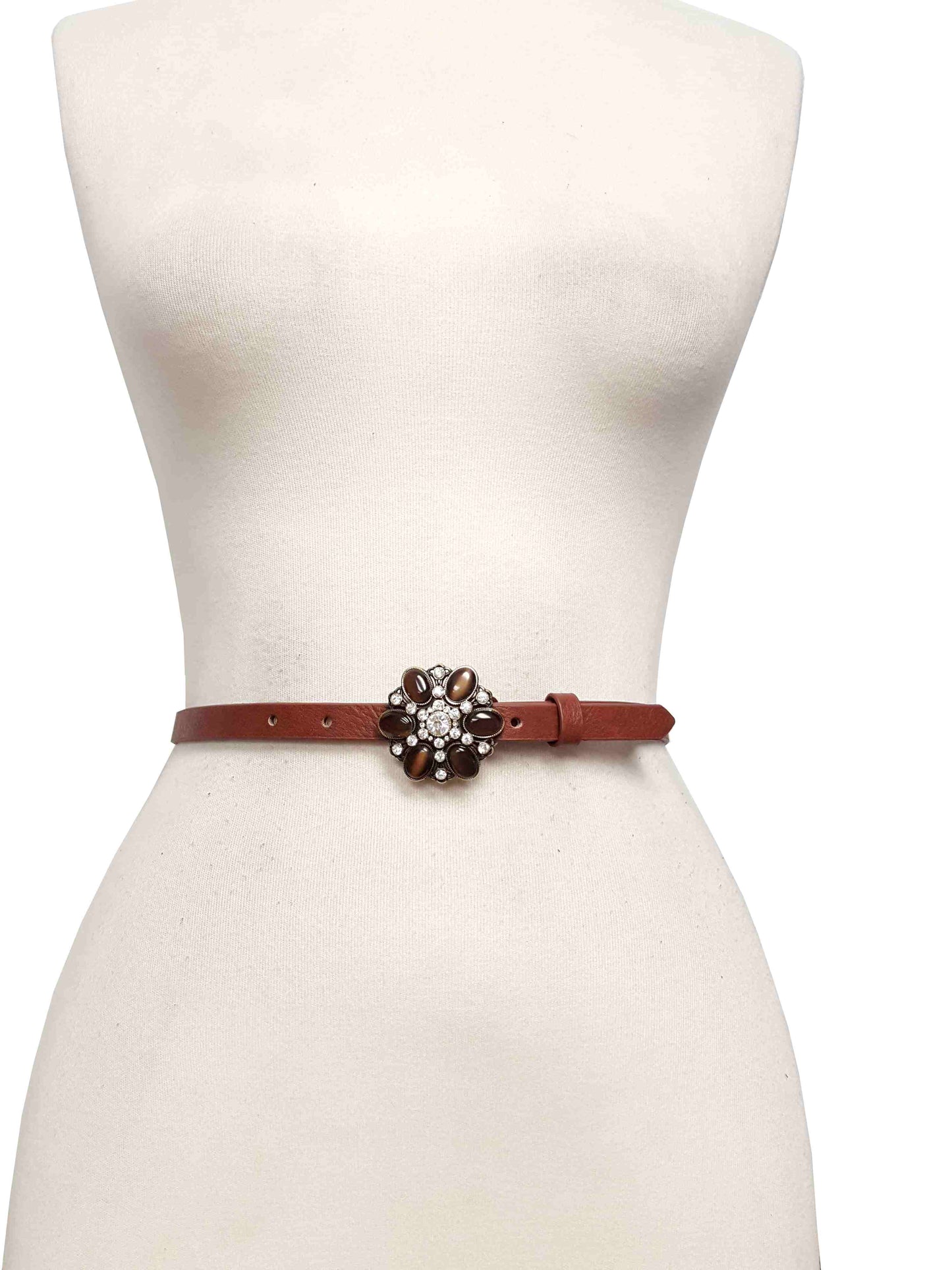 Belt Sale: Crystal & Stone Flower Buckle In Skinny Belt