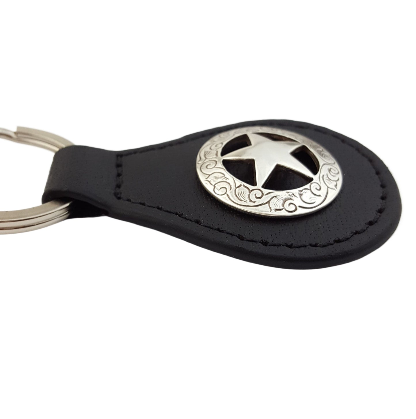 Key Chain: Genuine Leather Key Fob w. Silver Ranger Star