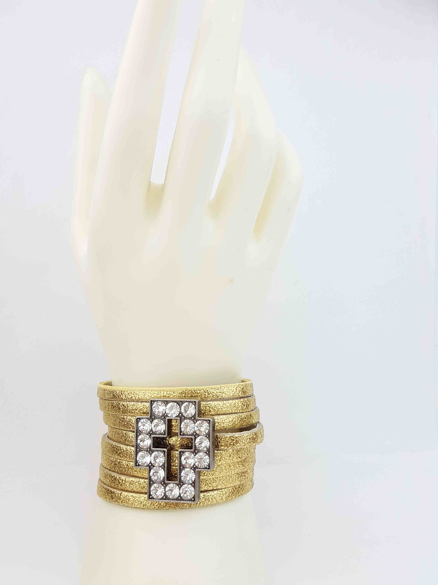 Bracelet: Genuine Leather Cuff w. Crystal Cross