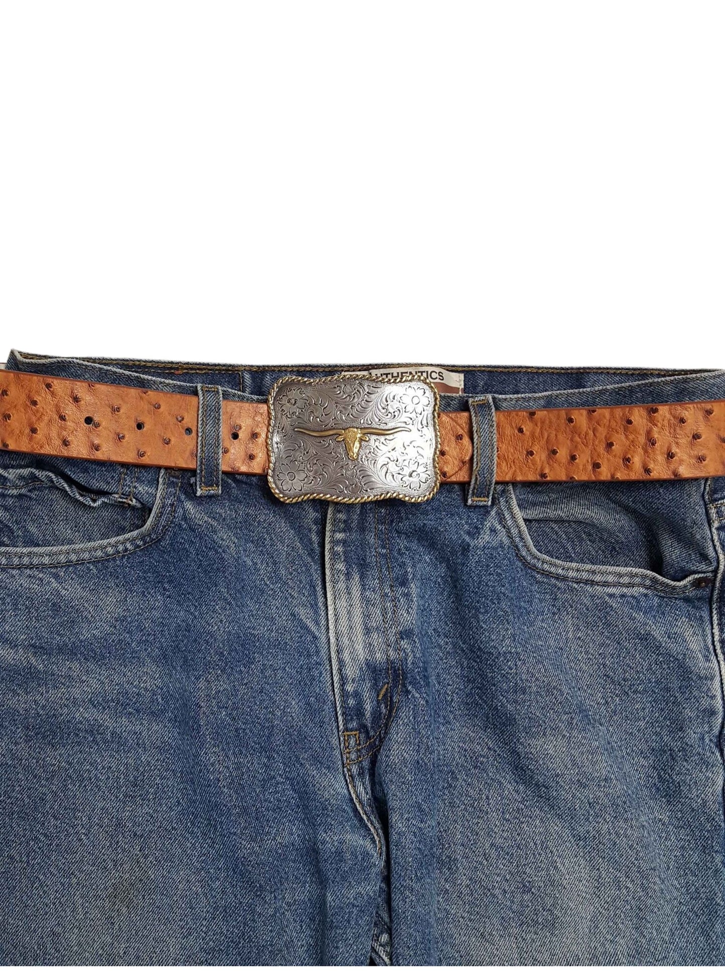 Belt: Western Long Horn Buckle with Ostrich Print Leather Belt