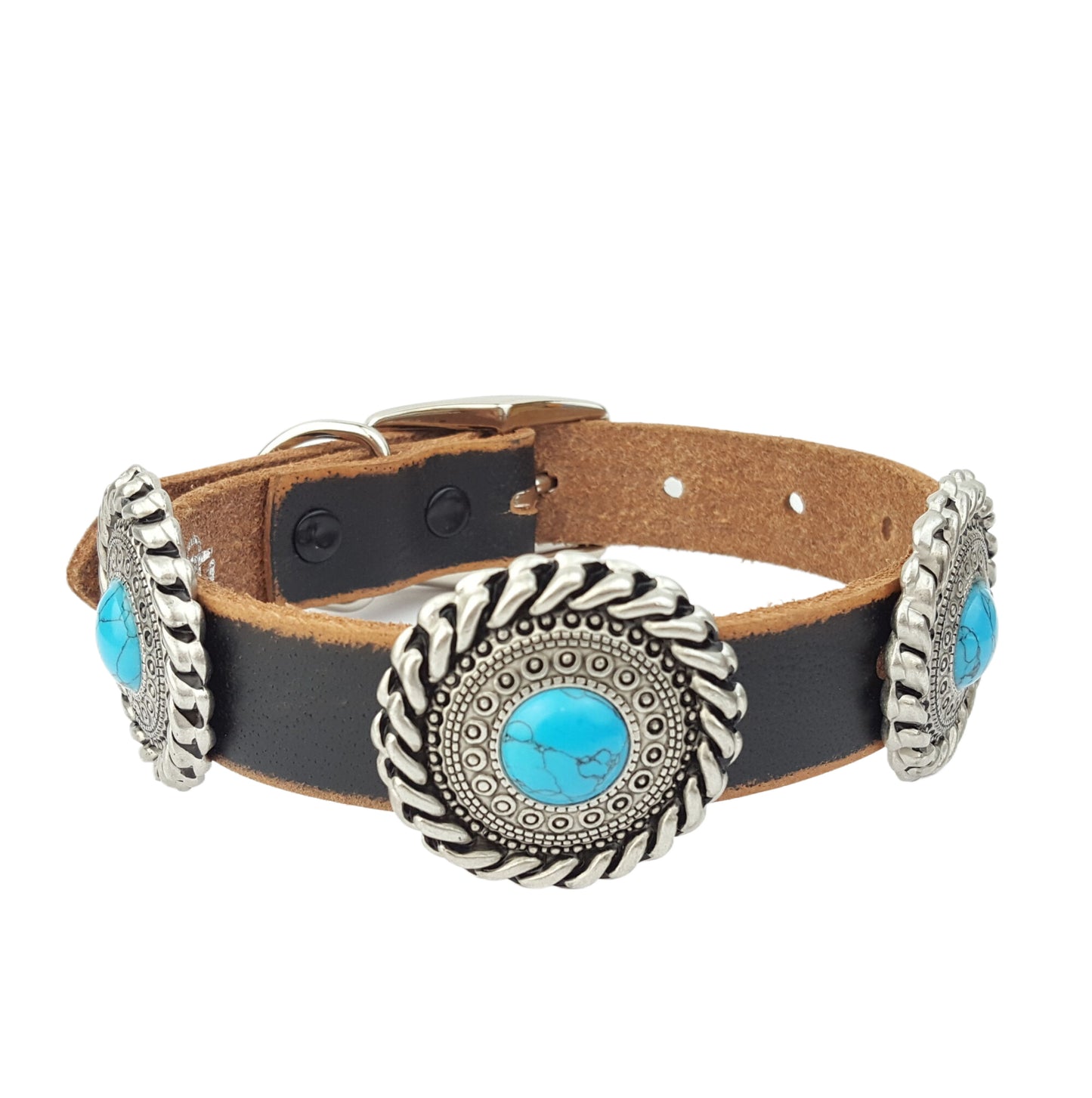 Collar: Genuine Leather Dog Collar with Western Round Conchos