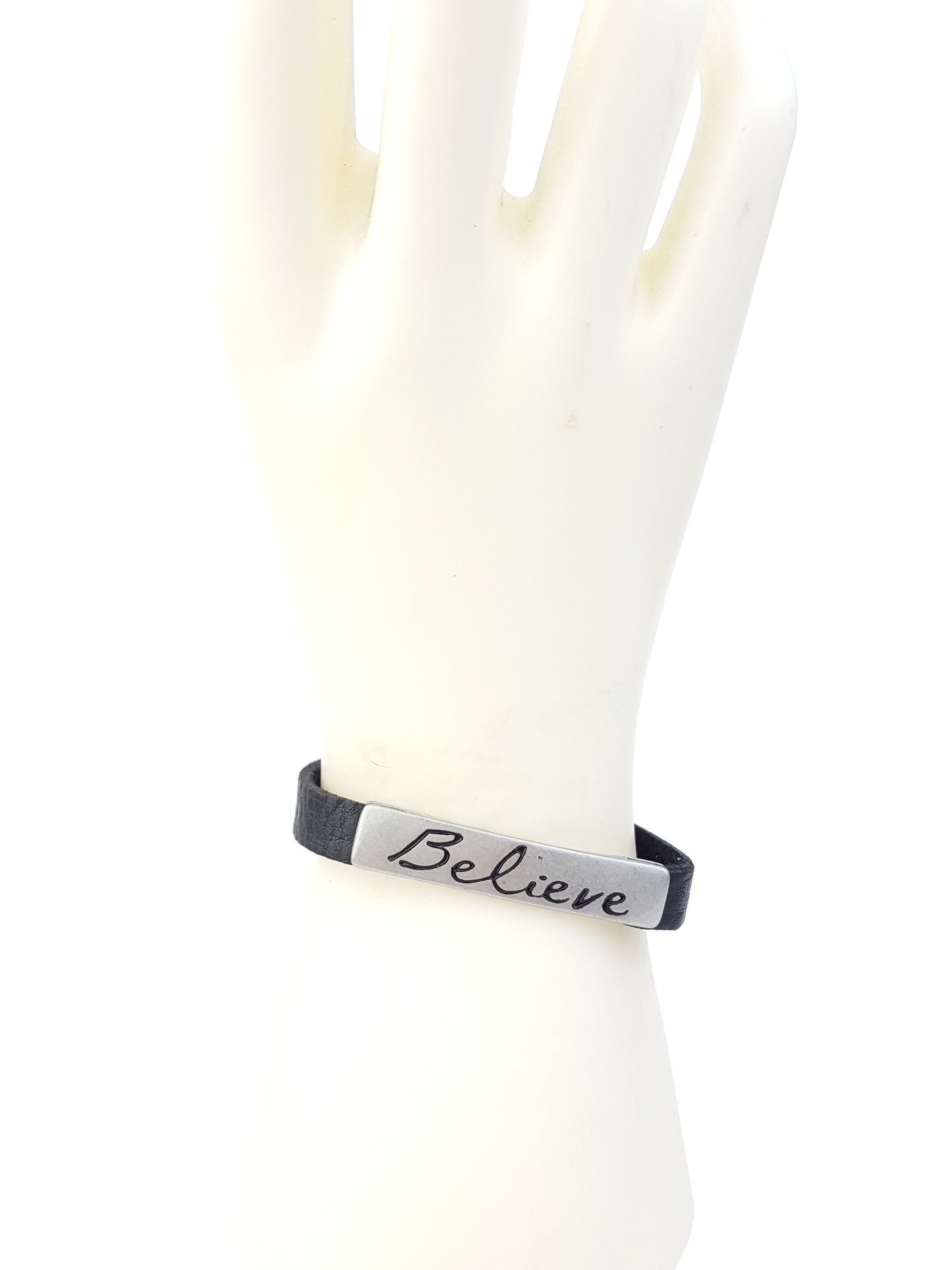 Bracelet: Genuine Leather Cuff with Inspired Word Plaque- Believe