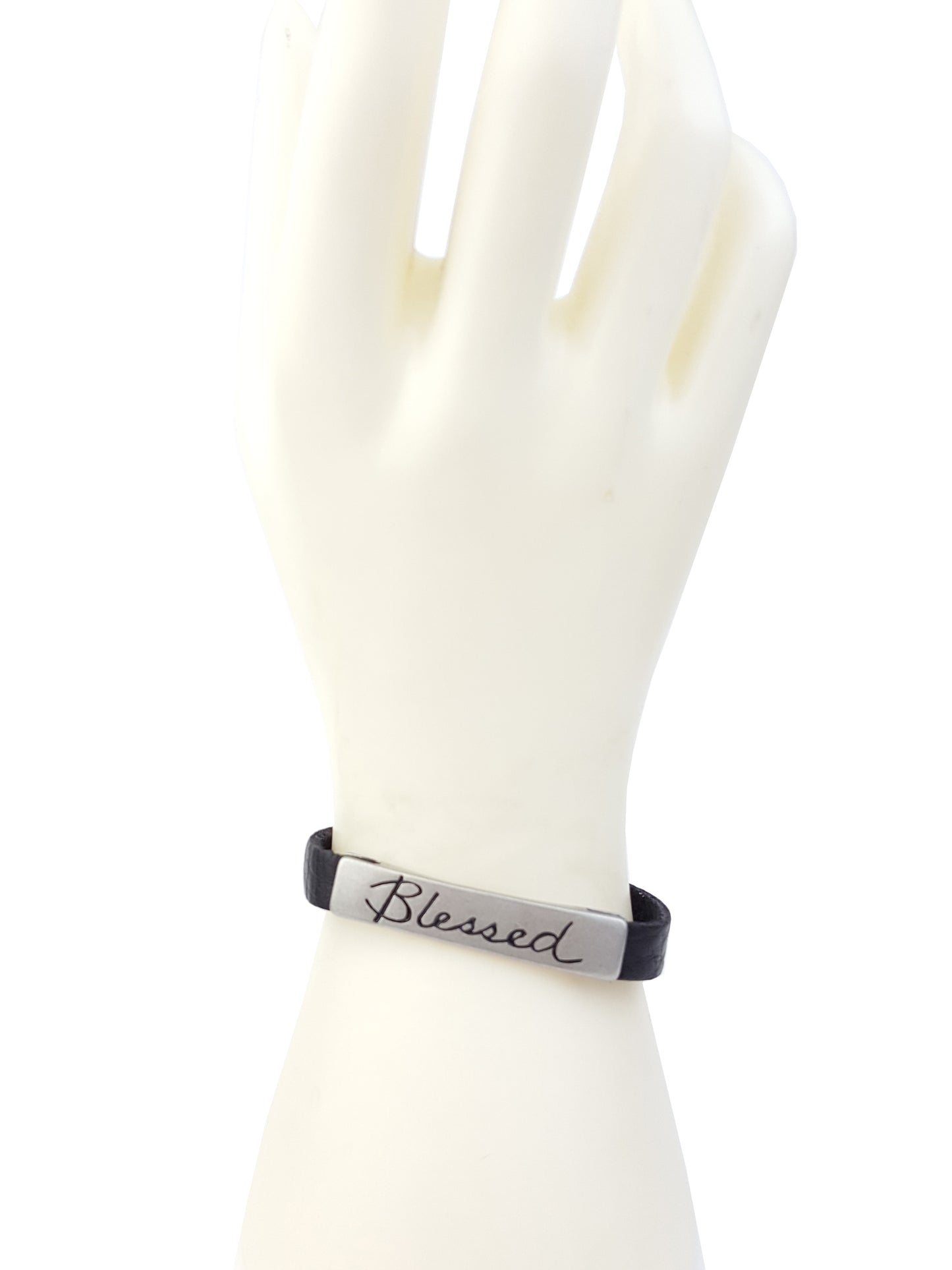 Bracelet: Genuine Leather Cuff with Inspired Word Plaque- Blessed