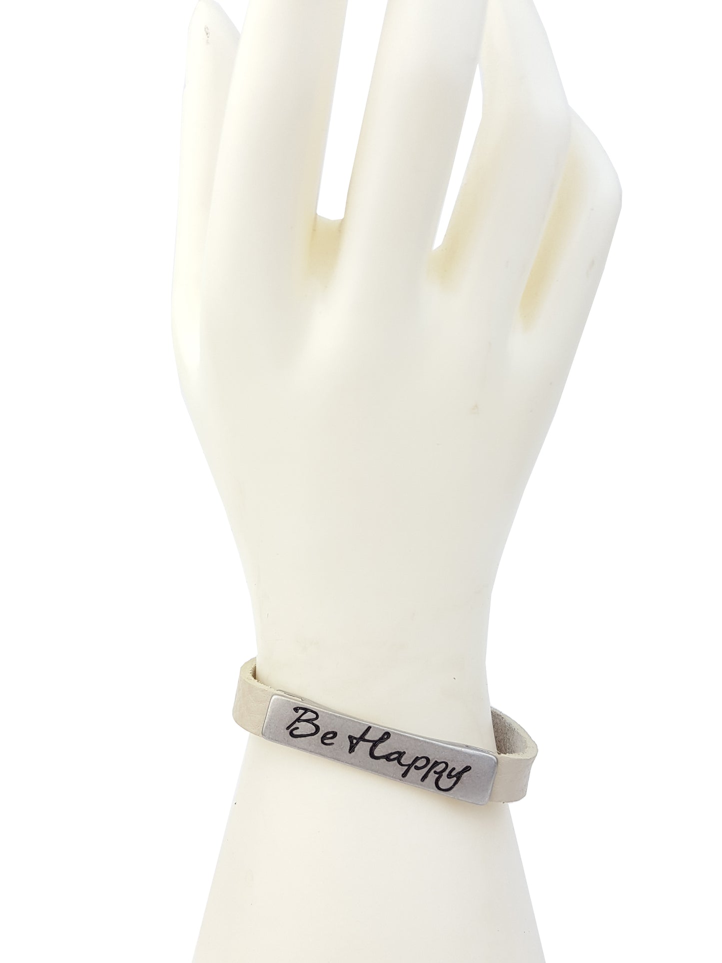 Bracelet: Genuine Leather Cuff with Inspired Word Plaque- Be Happy