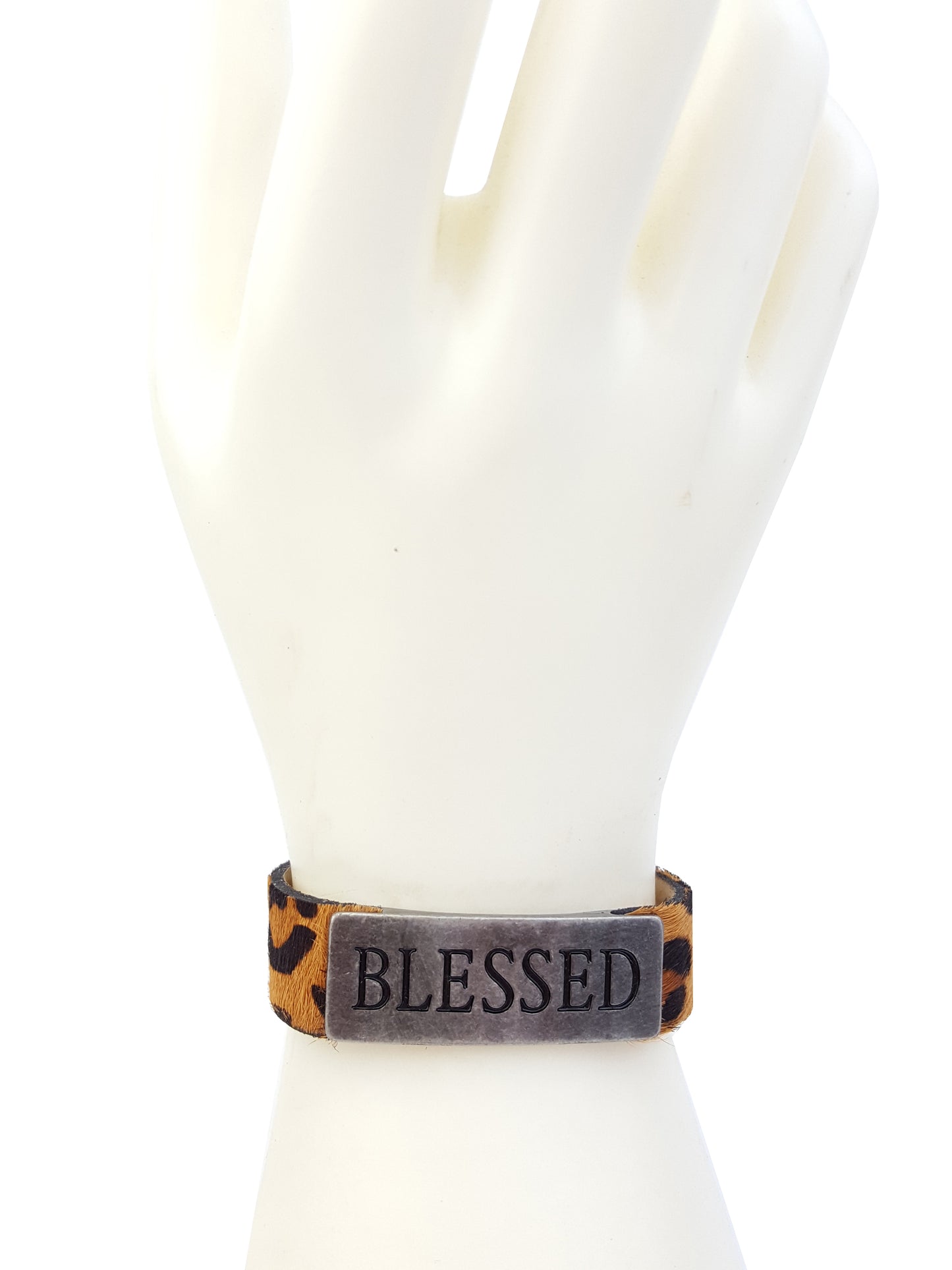 Bracelet: Genuine Leather Cuff with Inspired Word Plaque- BLESSED