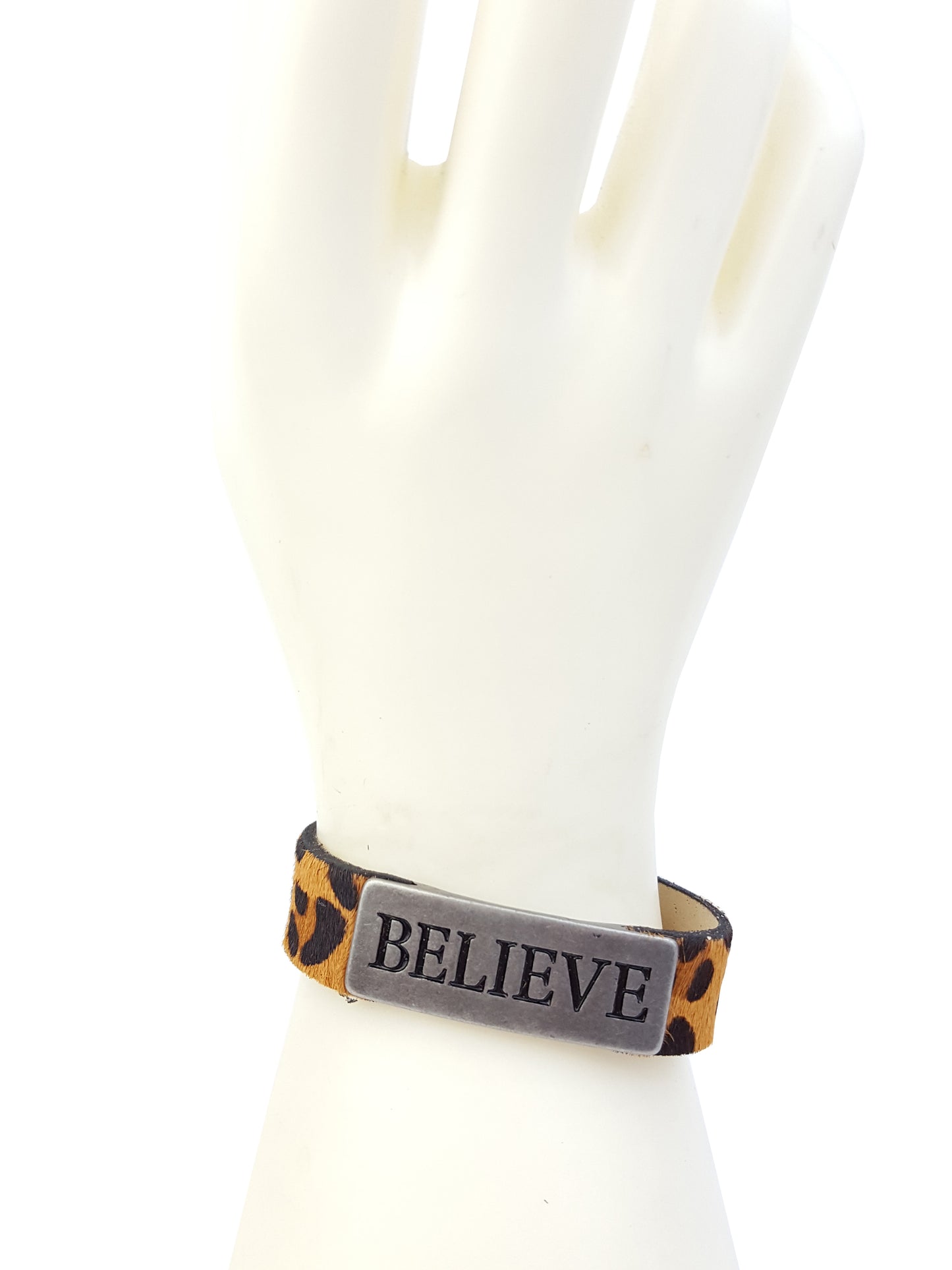 Bracelet: Genuine Leather Cuff with Inspired Word Plaque- Believe