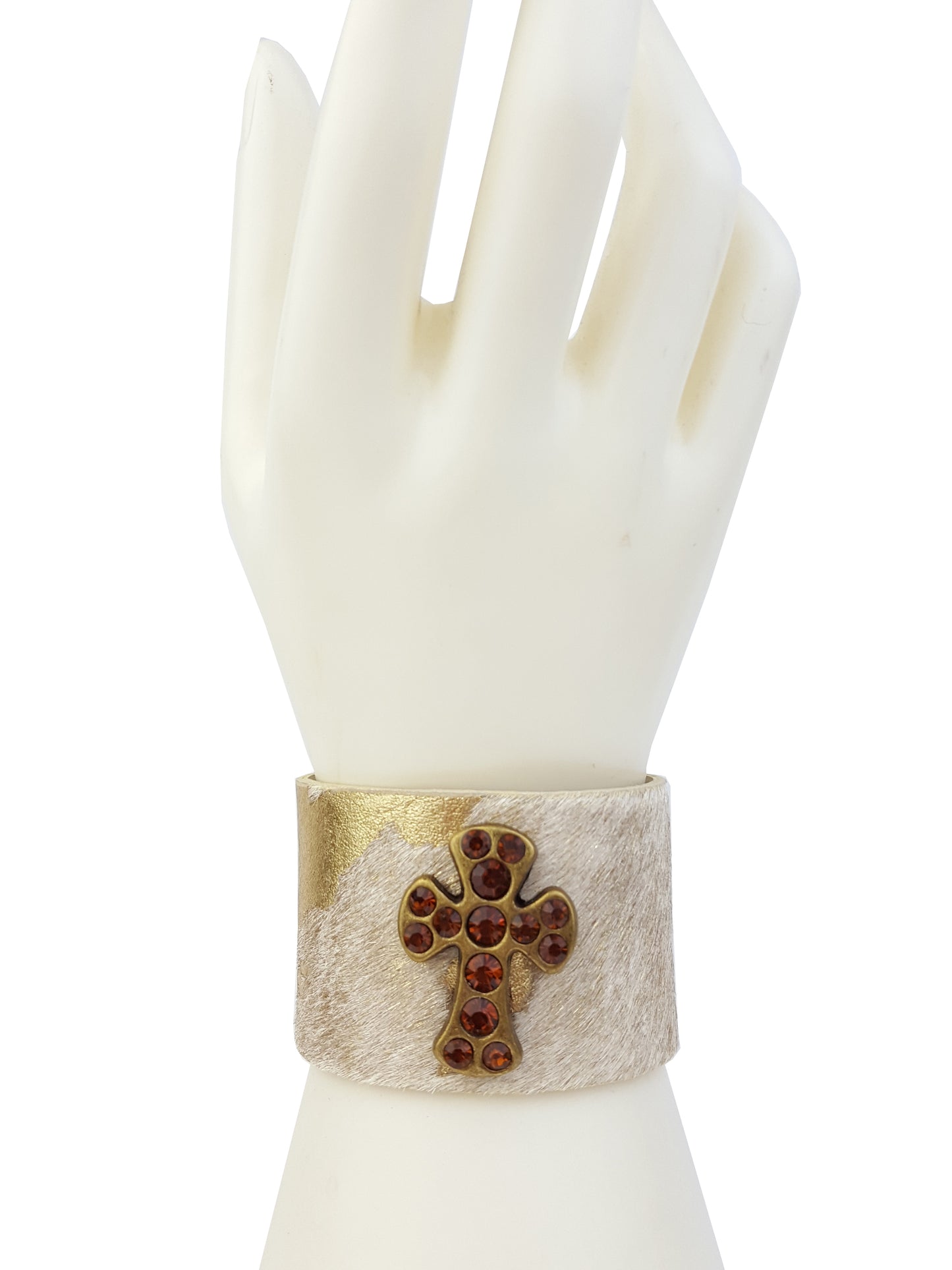 Bracelet: Real Cow hair Leather Cuff w. Crystal Deco