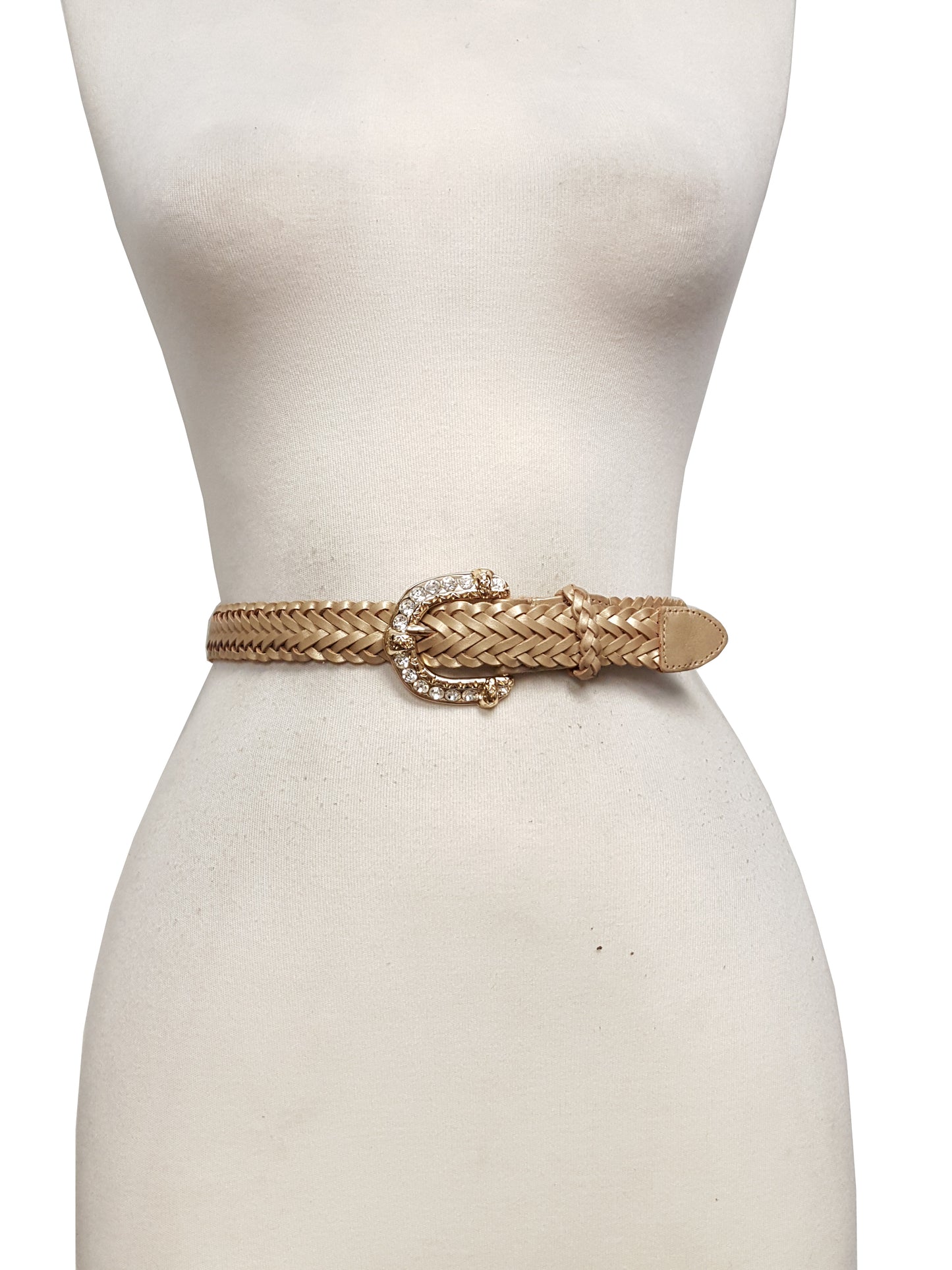 Belt: Hand Braided Gold Leather Belt w. Gold Rhinestone Buckle