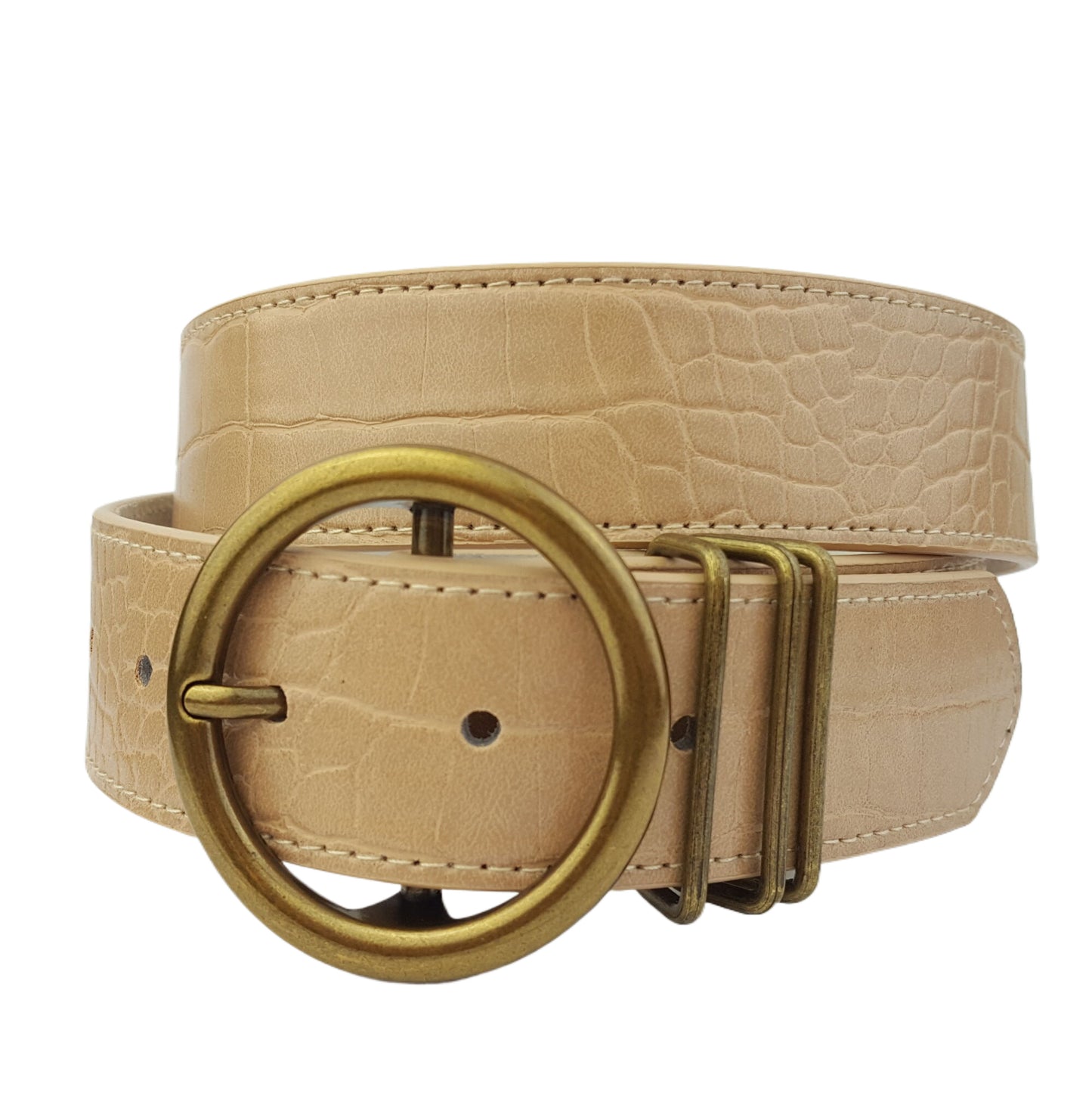 Belt: Alligator-Print Brass Round Buckle Belt