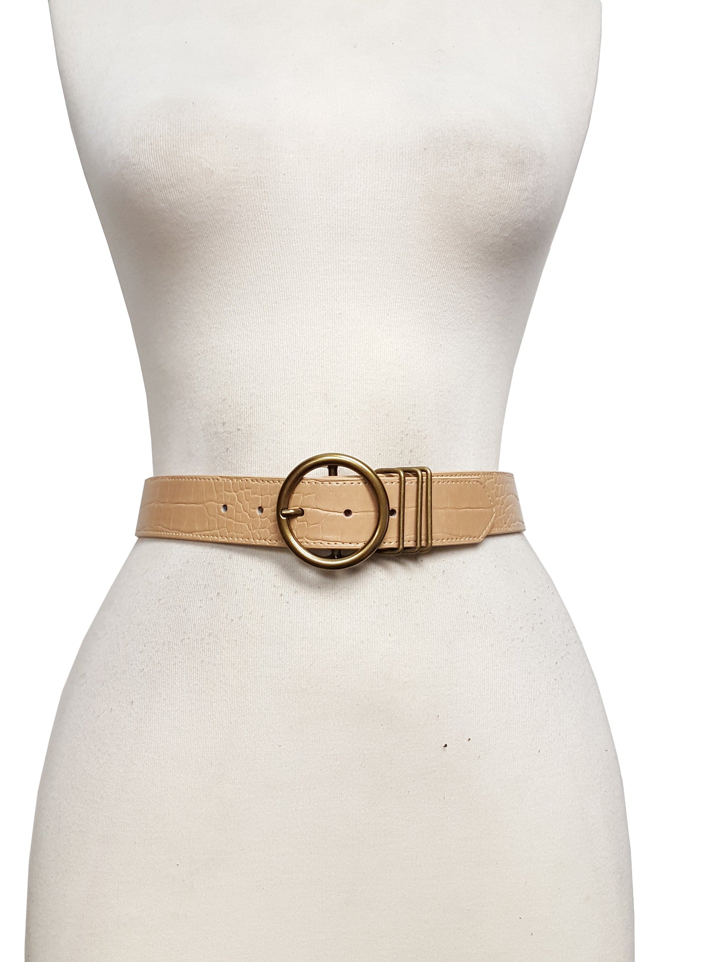 Belt: Alligator-Print Brass Round Buckle Belt