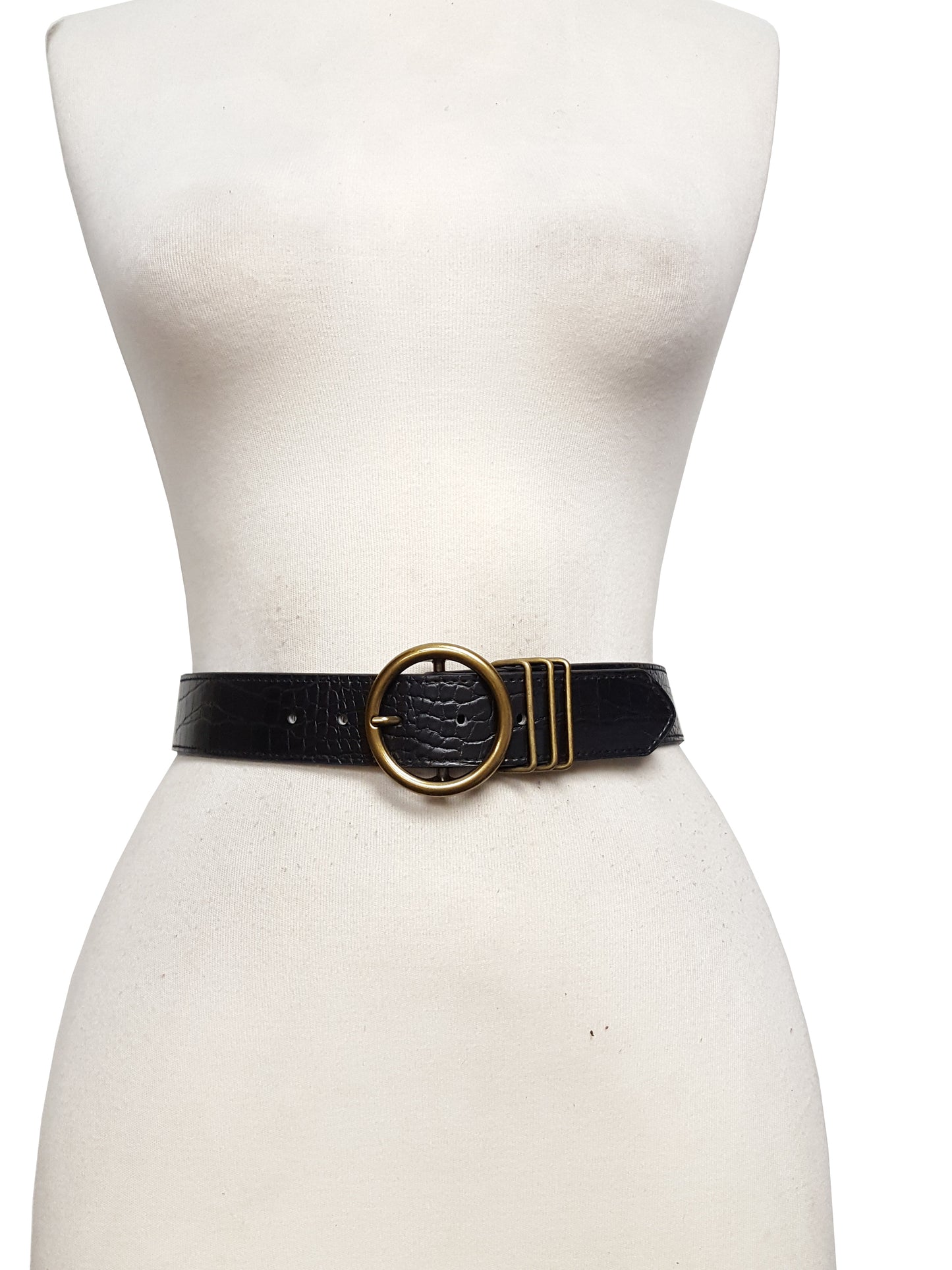 Belt: Alligator-Print Brass Round Buckle Belt