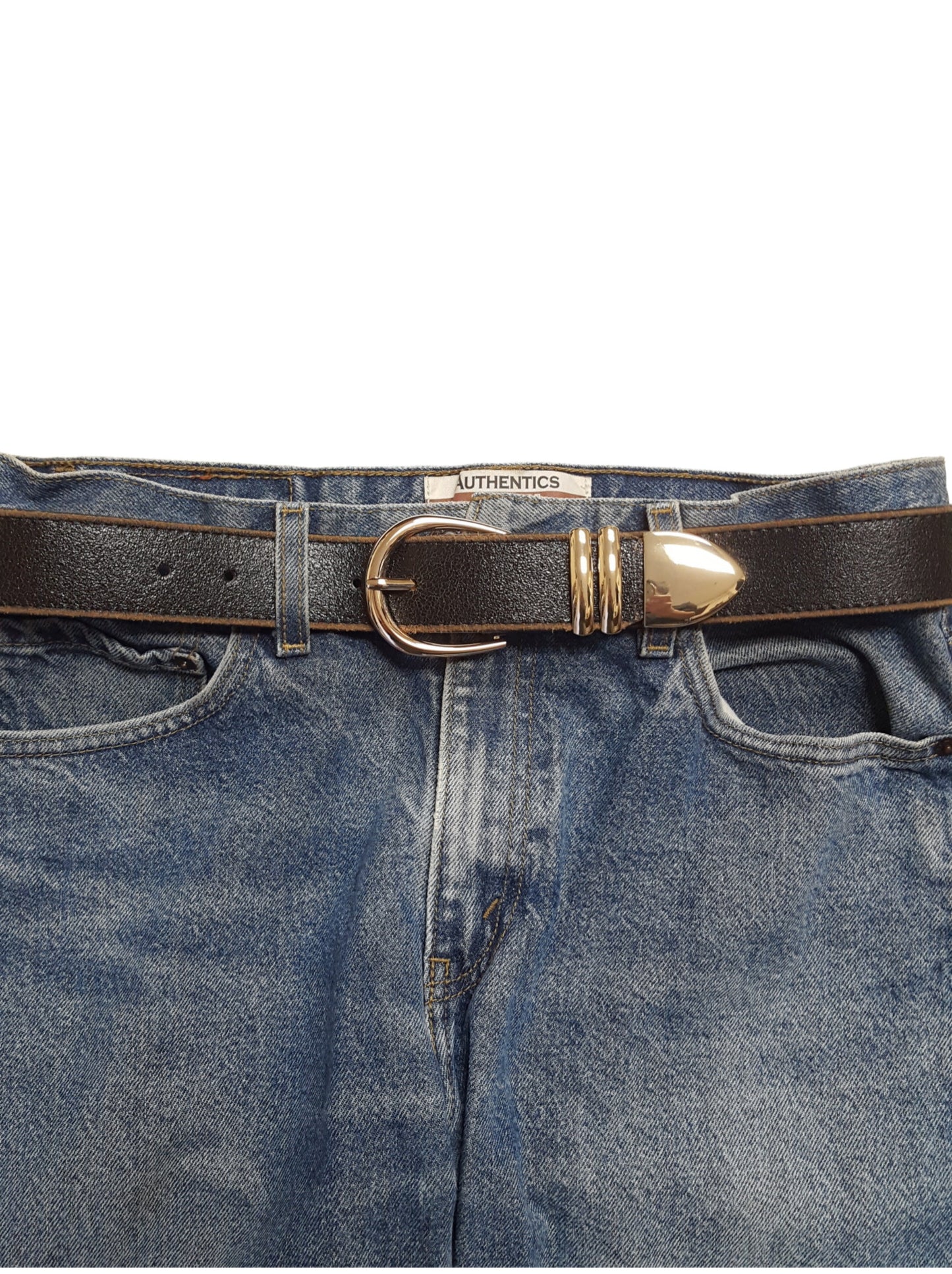 Belt: Vintage Leather belt with Shiny Gold Buckle set