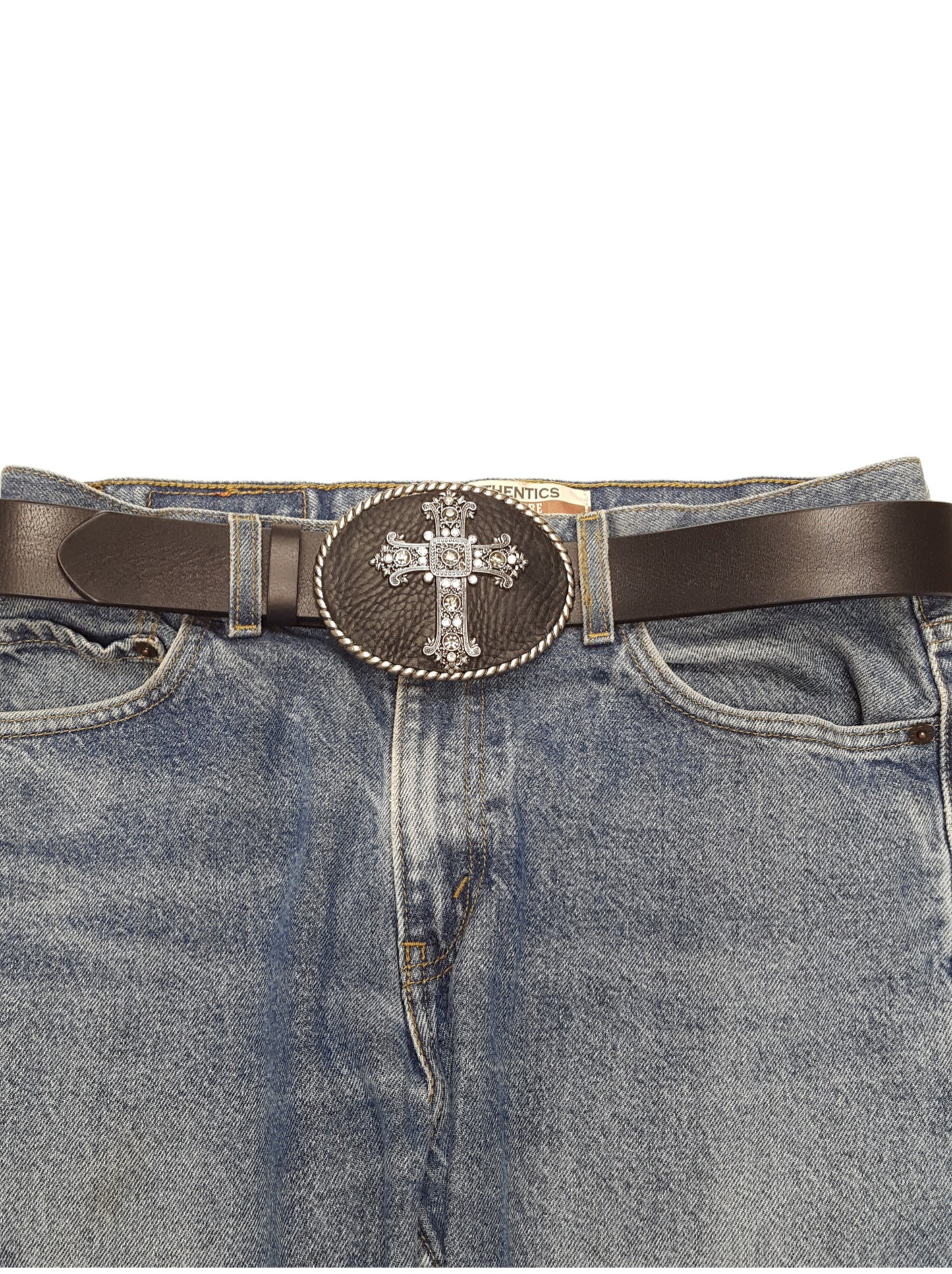Belt: Genuine Leather Belt with Oval Cross Buckle
