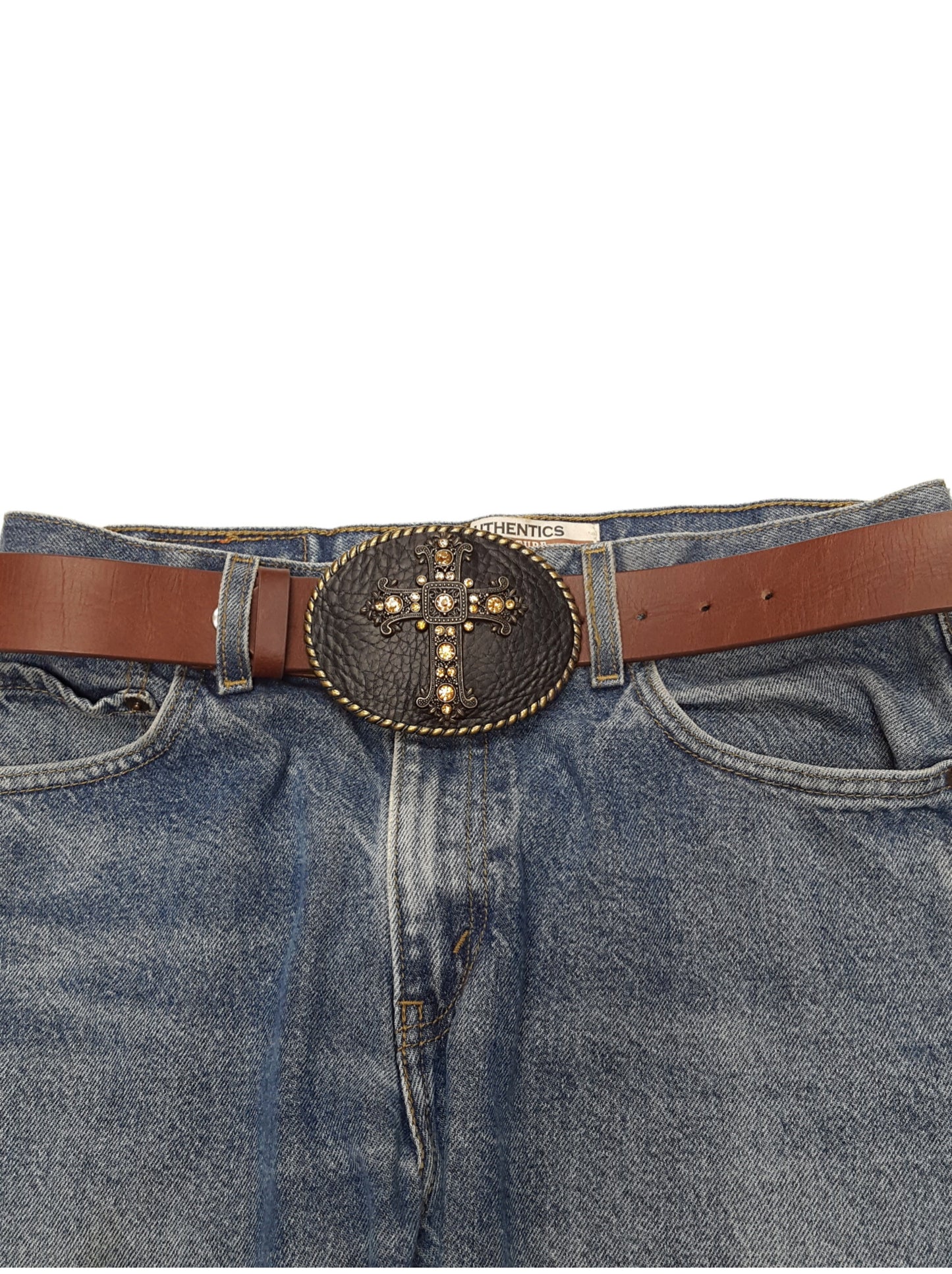 Belt: Genuine Leather Belt with Oval Cross Buckle