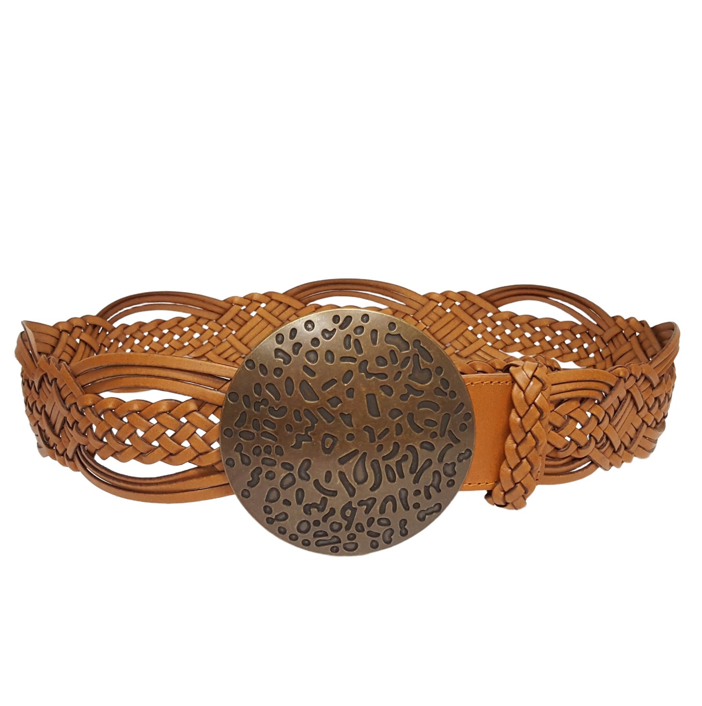 Belt: Hand Braided Leather Belt with Copper Round Buckle