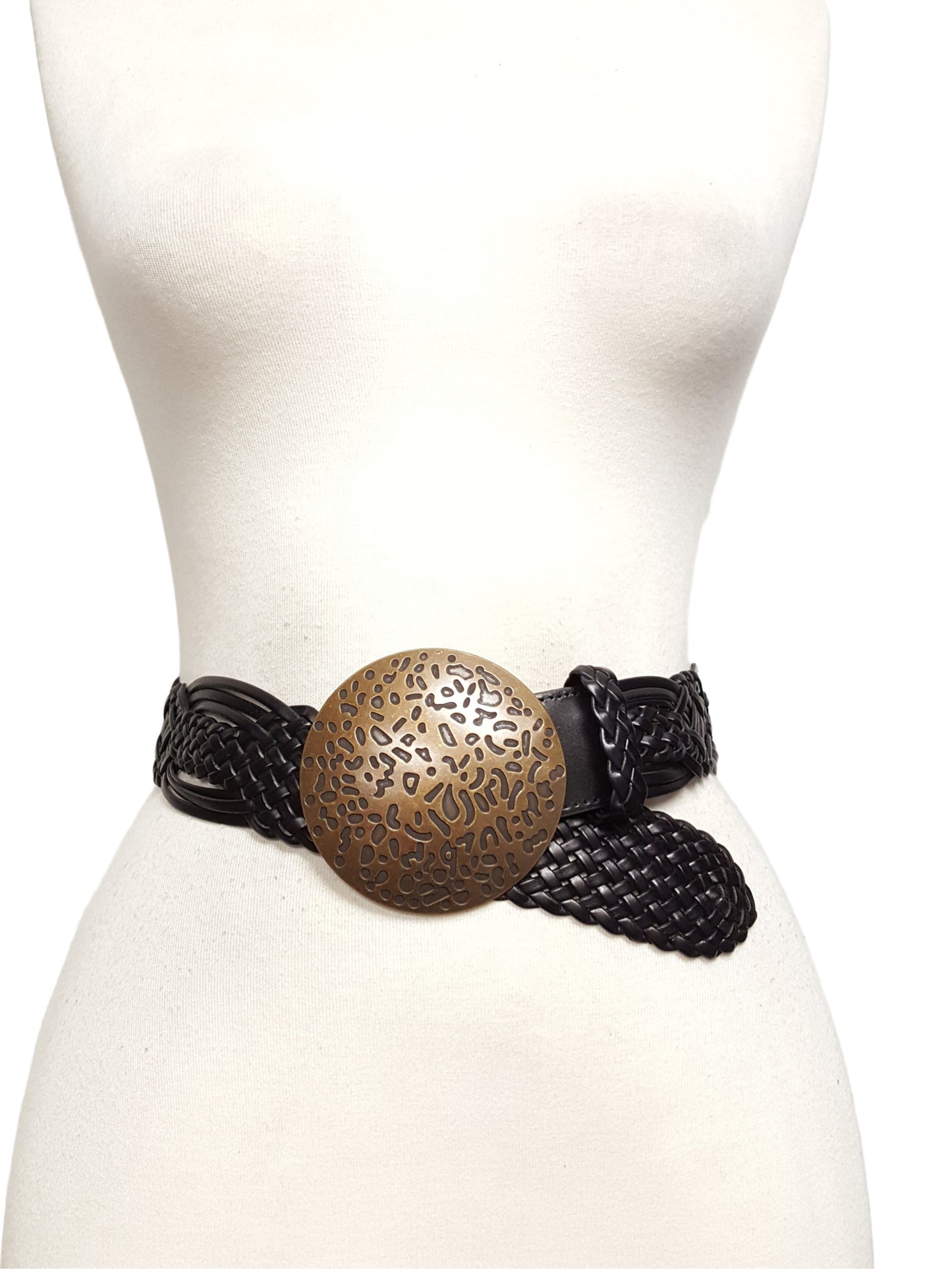 Belt: Hand Braided Leather Belt with Copper Round Buckle