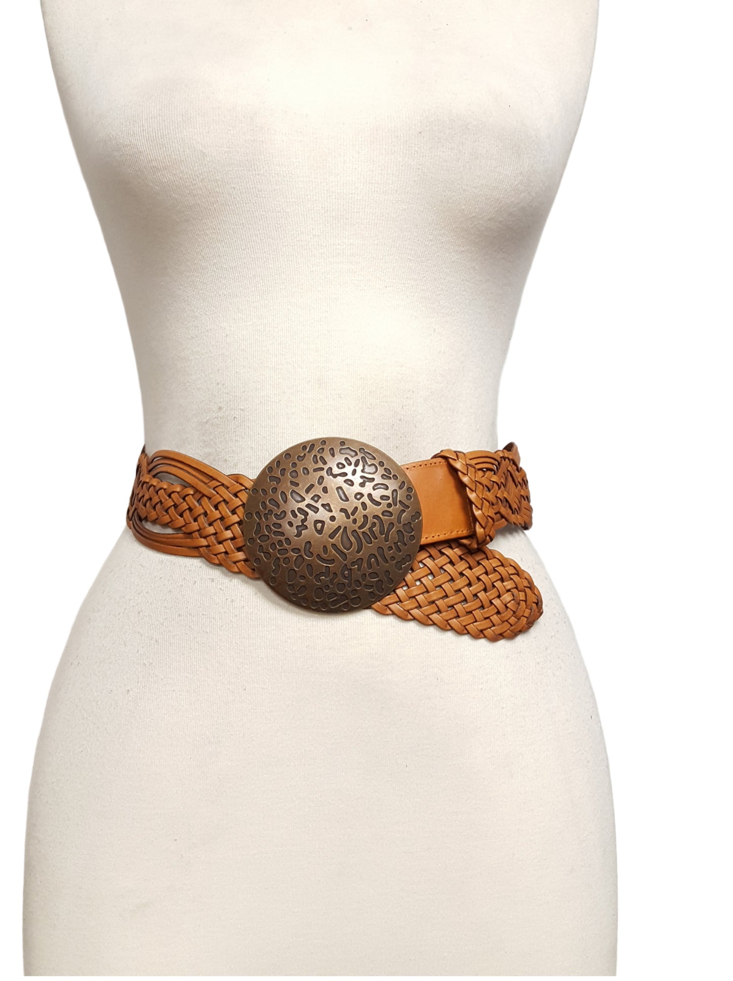 Belt: Hand Braided Leather Belt with Copper Round Buckle