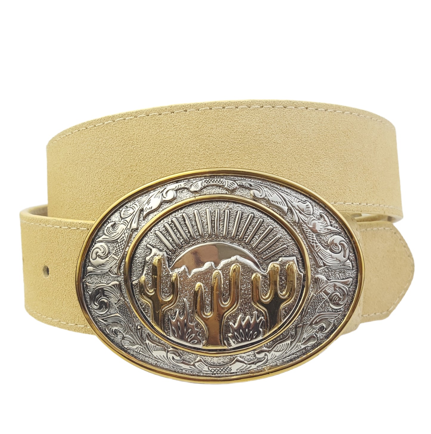 Belt: Genuine Suede Belt with Western Theme Cactus Buckle