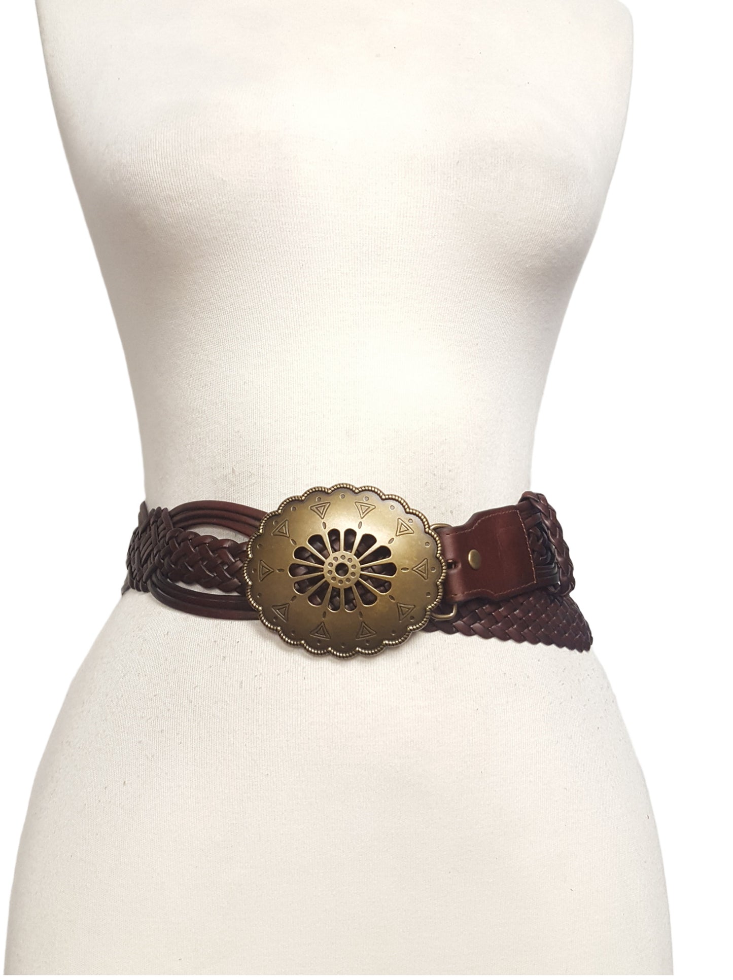 Belt: Hand Braided Leather Belt with Navajo-Style Floral Buckle