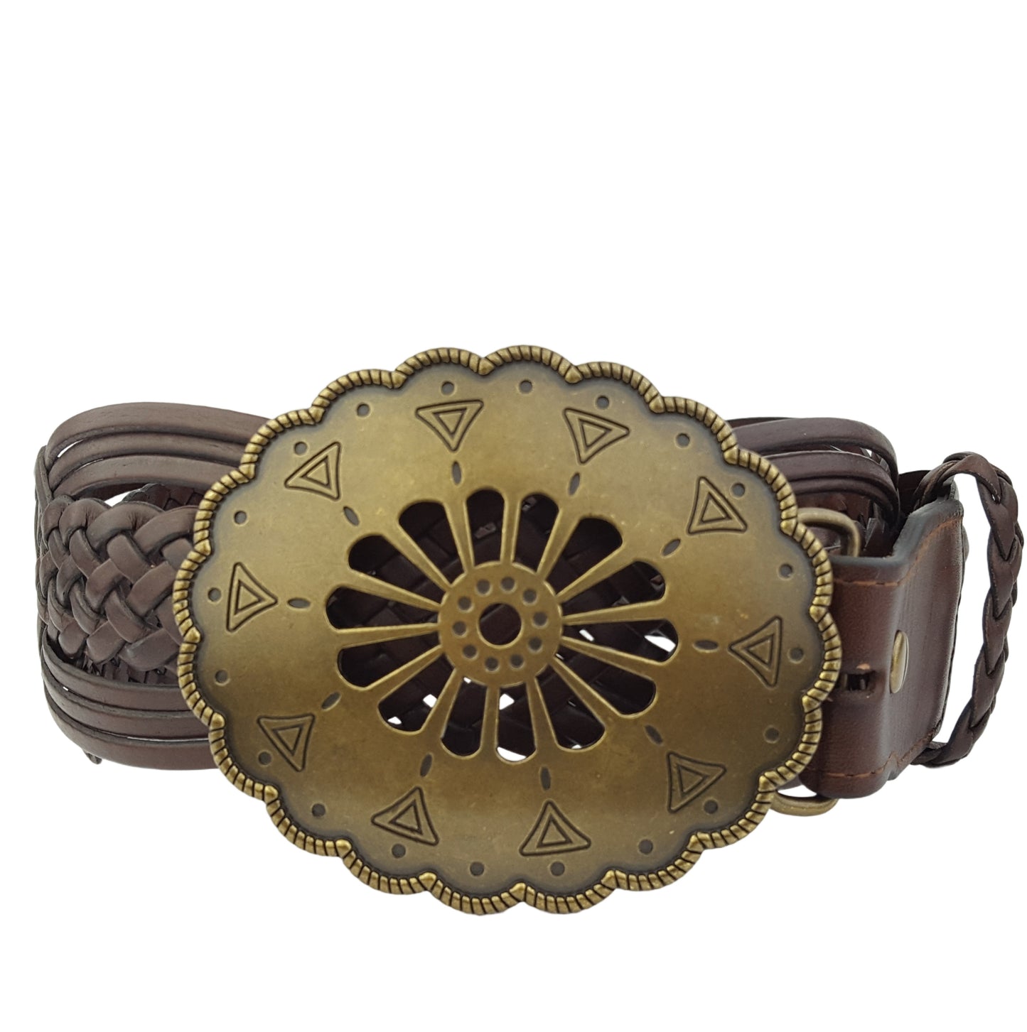Belt: Hand Braided Leather Belt with Navajo-Style Floral Buckle