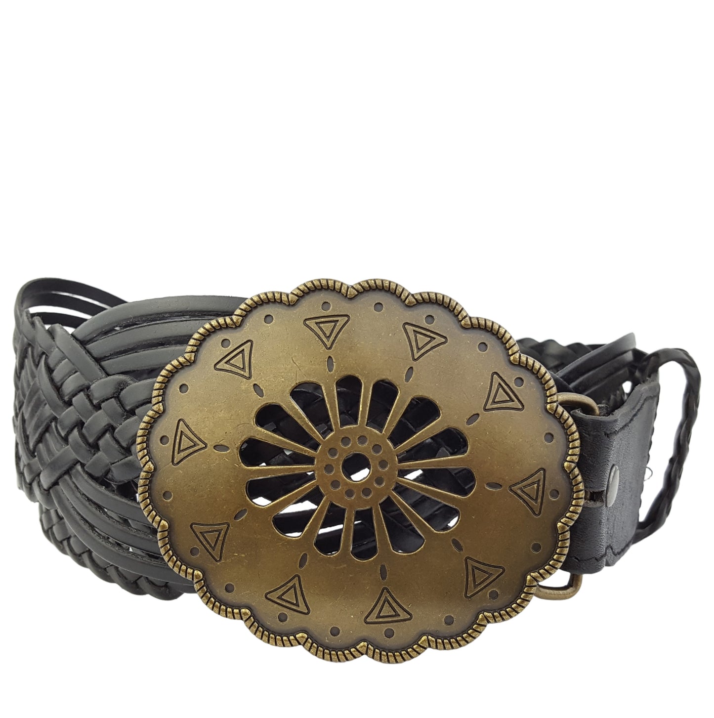 Belt: Hand Braided Leather Belt with Navajo-Style Floral Buckle