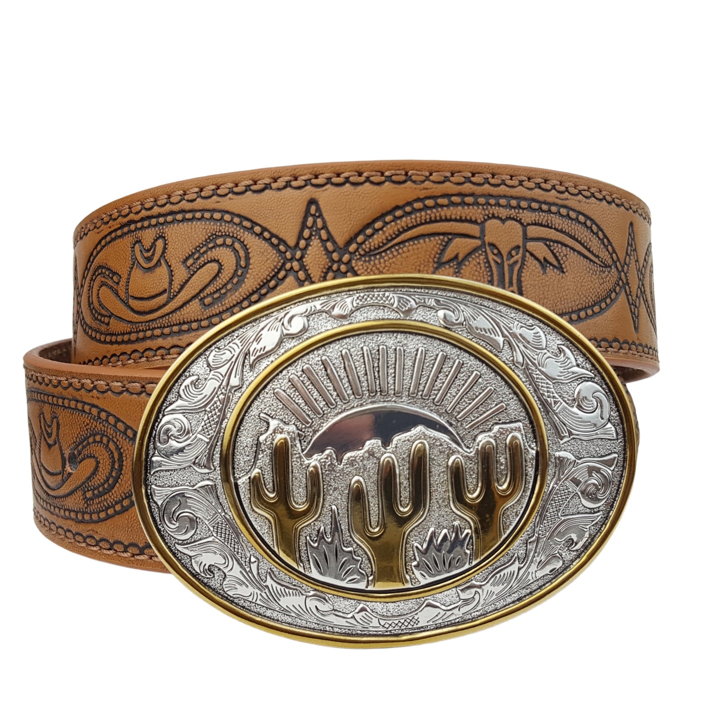 Belt: Cactus Buckle w. Tooled Belt