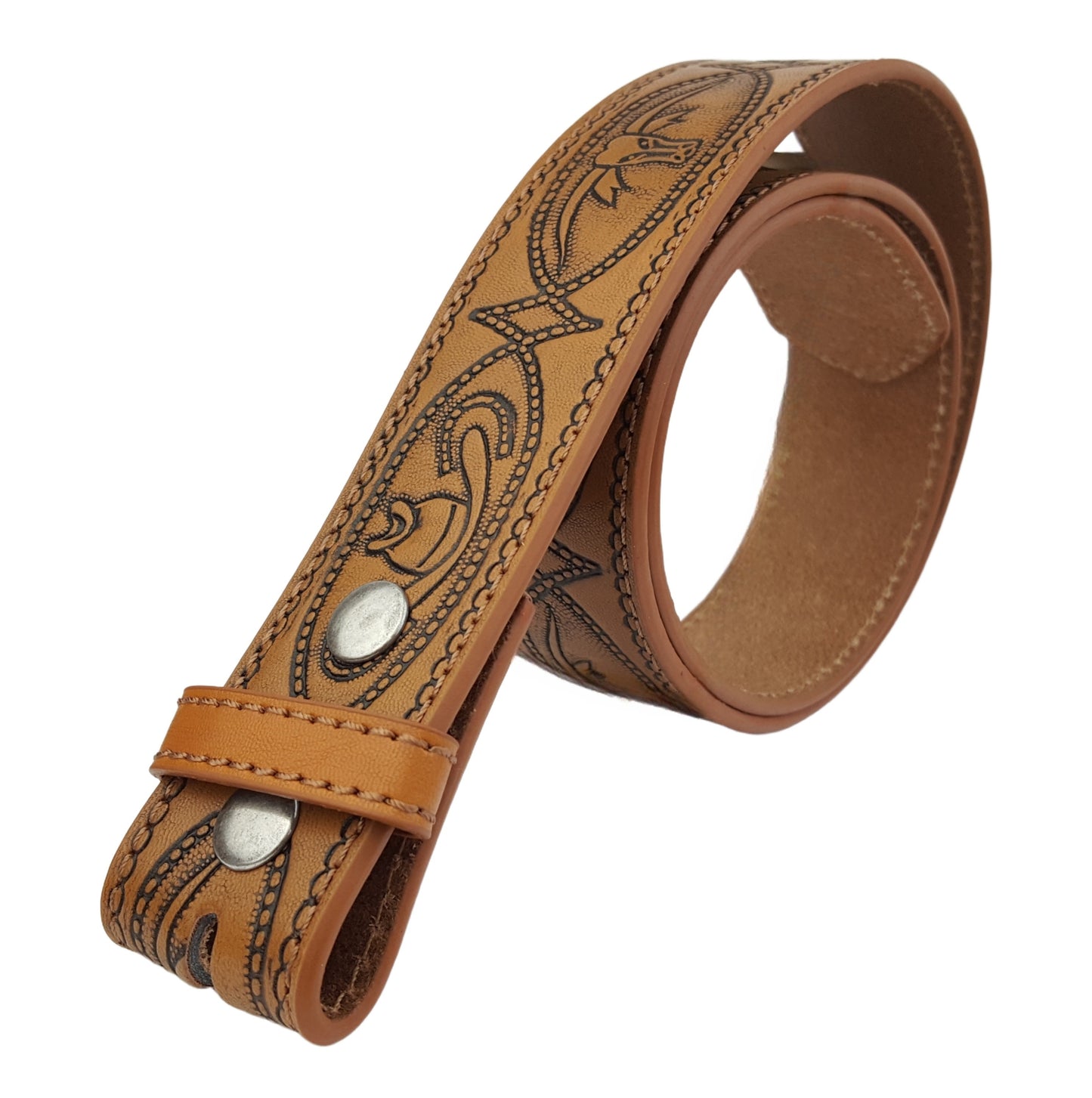 Belt: Snap On Tooled Belt w. Long Horn Designs