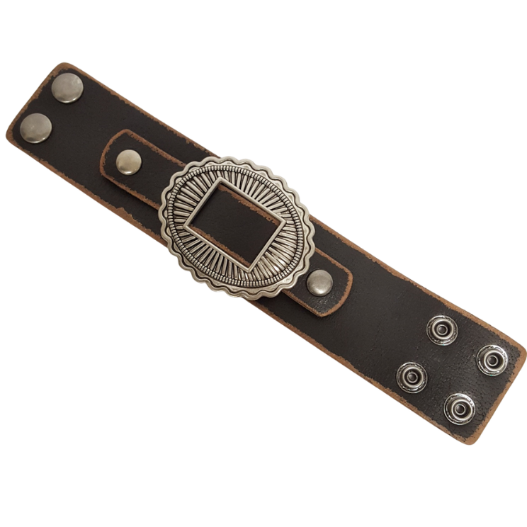 Bracelet: Vintage Distressed Leather Cuff w. oval concho