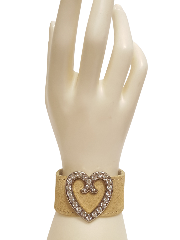 Bracelet: Genuine Suede Leather Cuff w. Crystal Heart