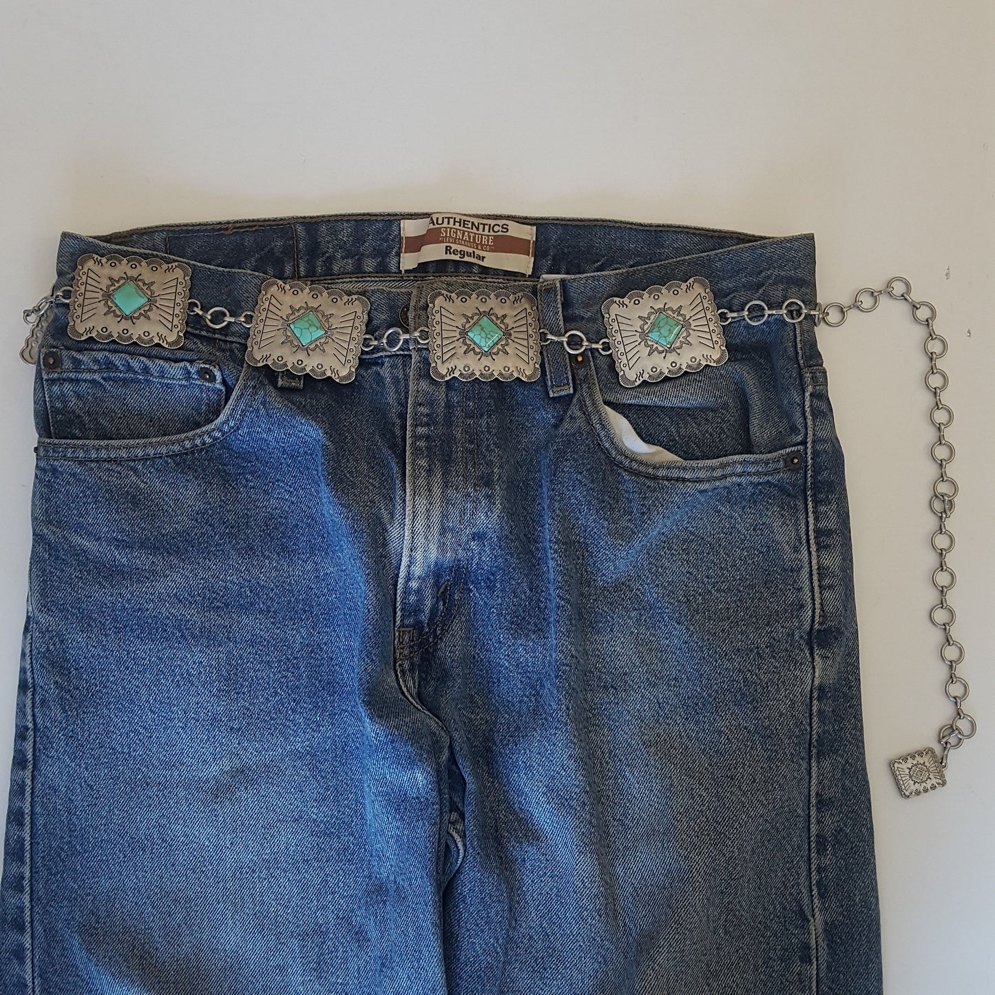 Chain belt: Western Silver Turquoise Stone rectangular Concho Chain Belt
