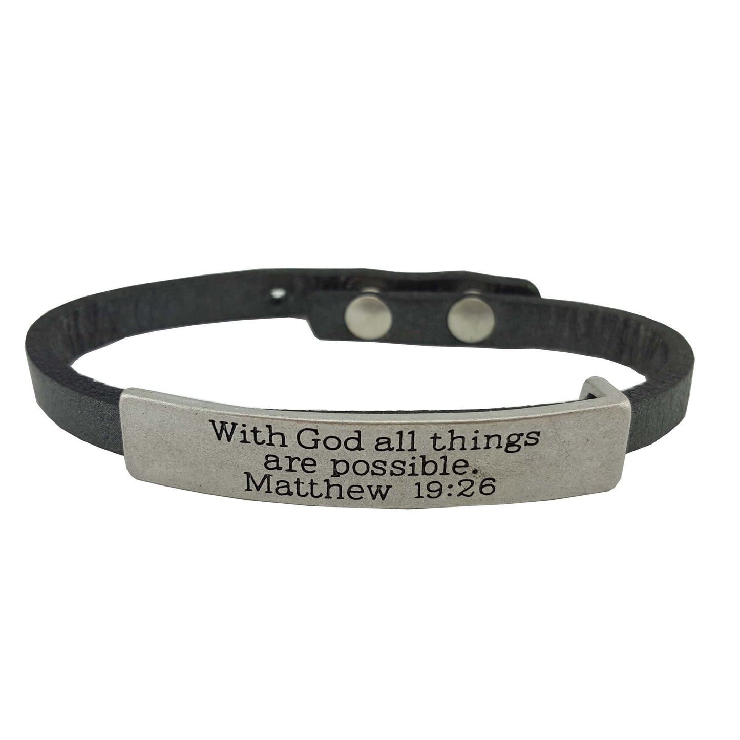 Bracelet: Bible Verse Leather band "With God all things are possible. Matthew 19:26