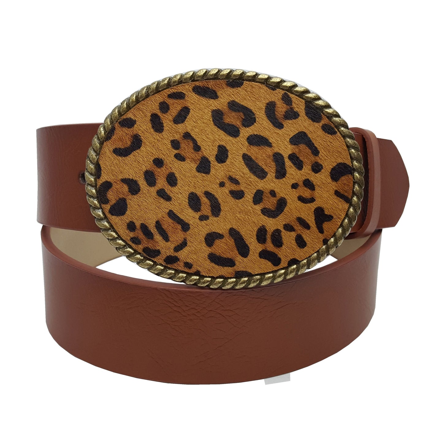 Belt: Western Oval Rope Edge Buckle with Leopard Hair on Cow Inlay