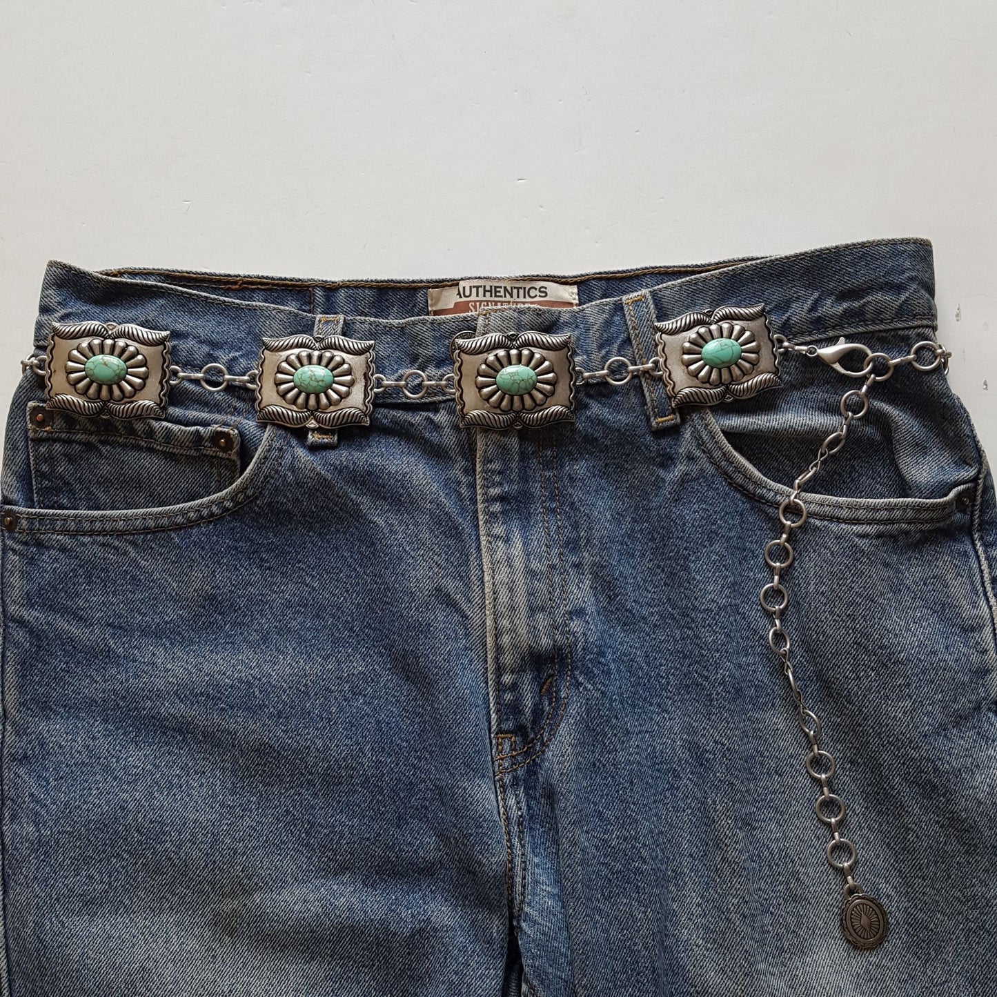 Chain belt: Western Turquoise Stone rectangular Concho Chain Belt