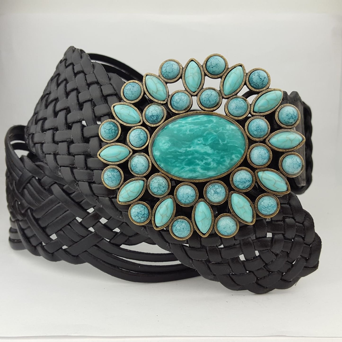 Belt: Hand Braided Leather Belt with Turquoise Style Buckle