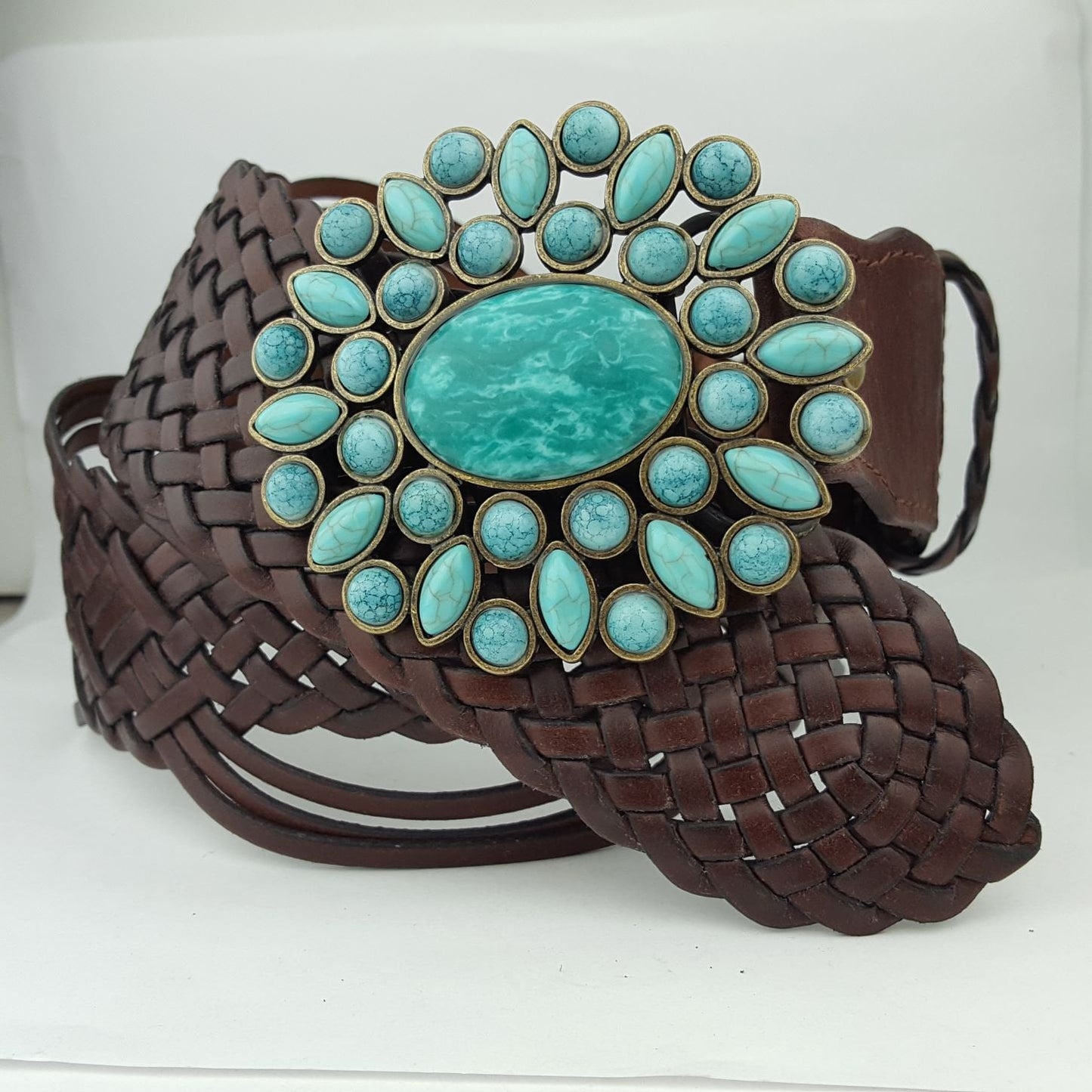 Belt: Hand Braided Leather Belt with Turquoise Style Buckle