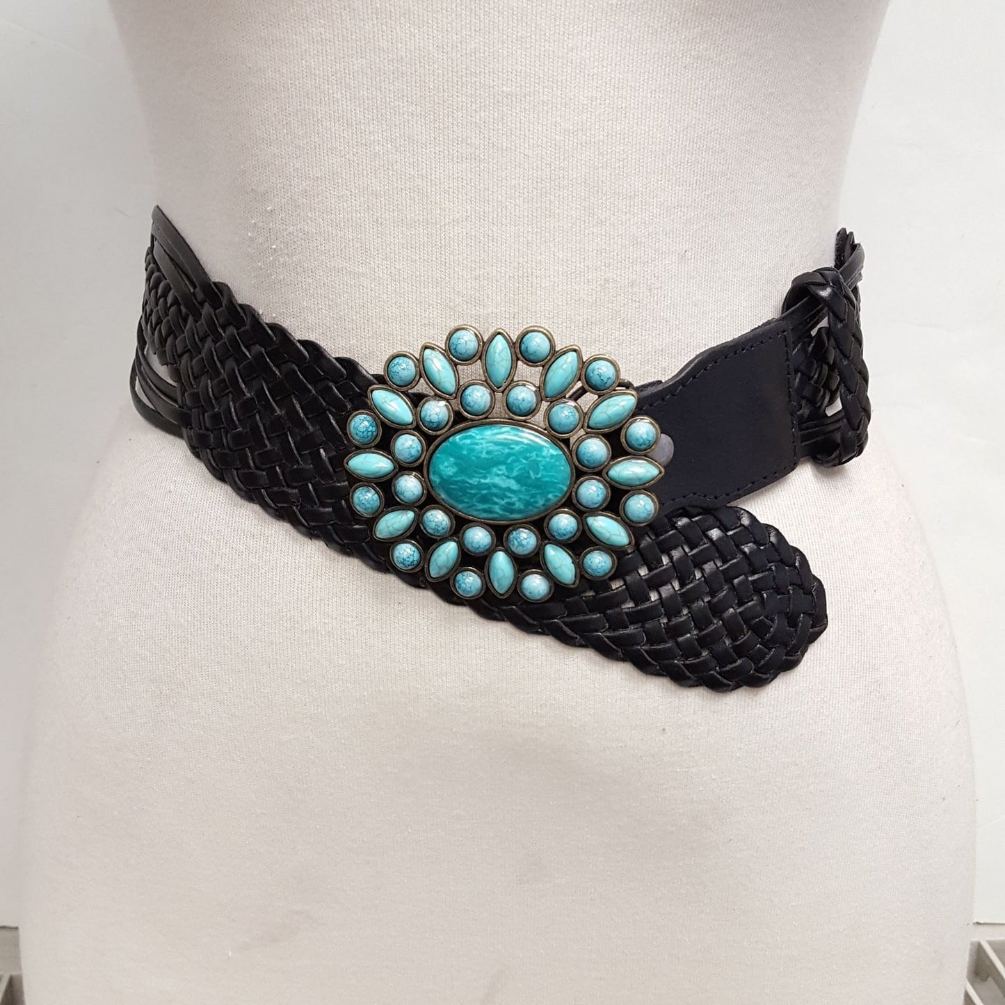 Belt: Hand Braided Leather Belt with Turquoise Style Buckle