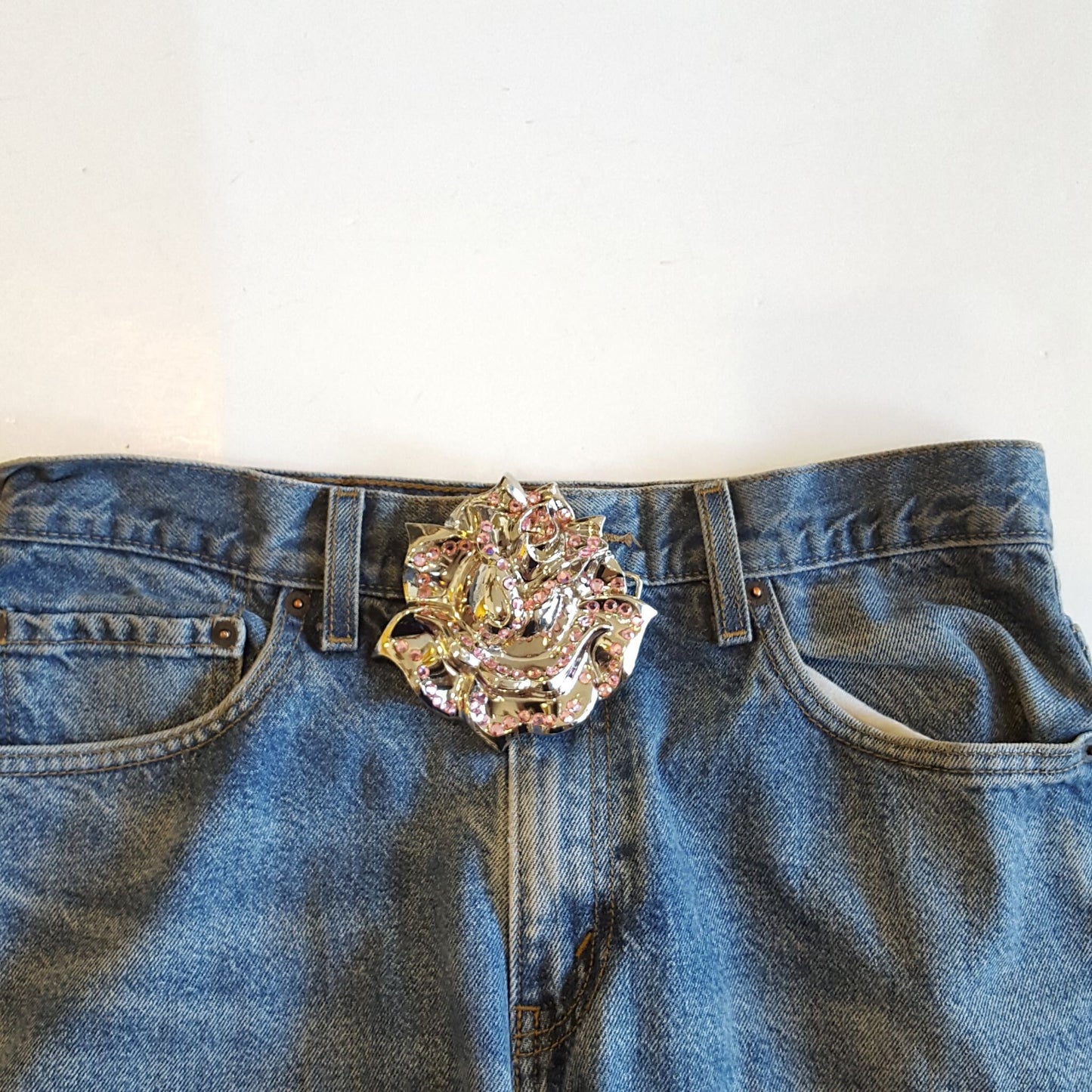 Belt Sale: Big Silver Rose Buckle in Black Belt