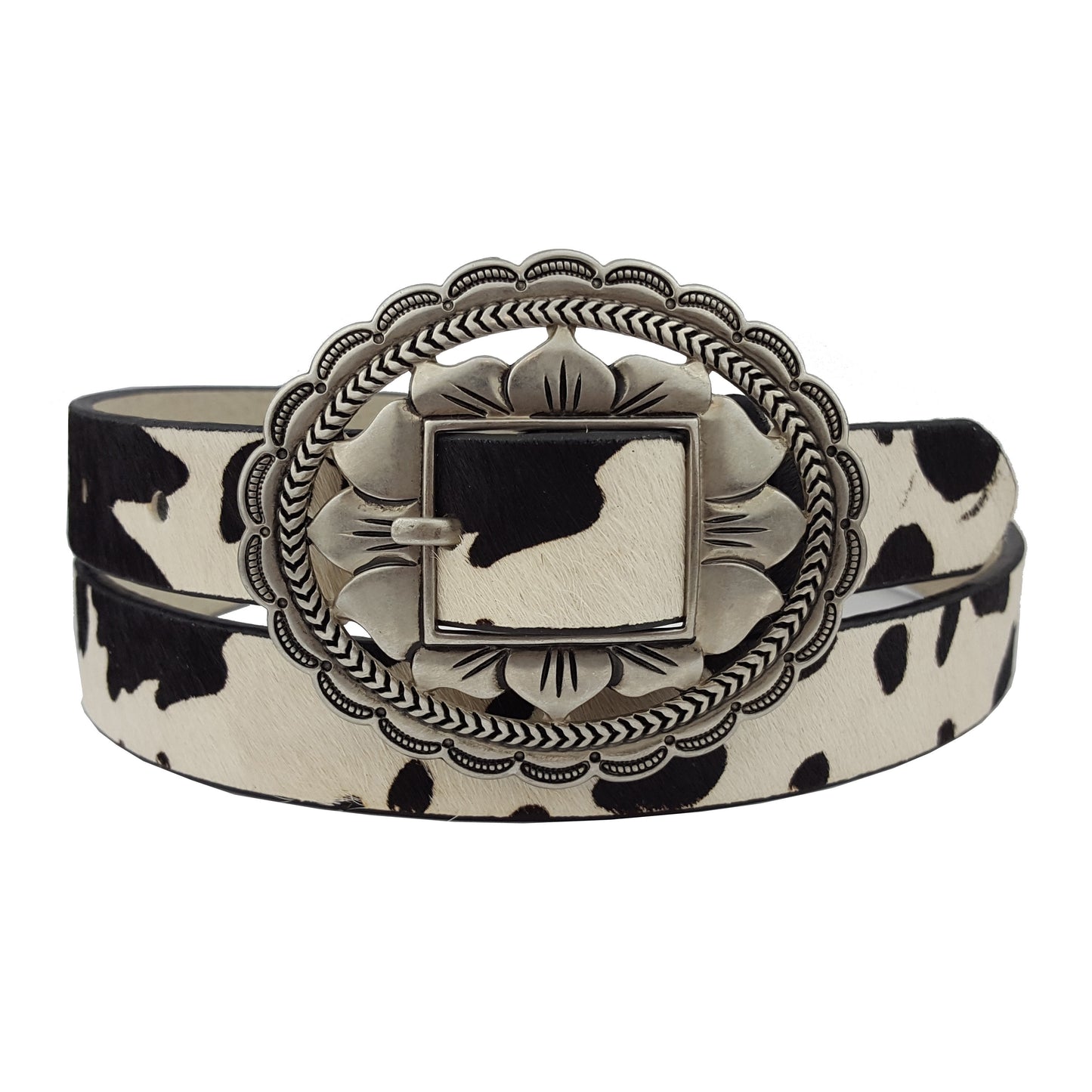 Belt: Western Oval Floral Etched Buckle w. Genuine Cow Hair Leather Belt