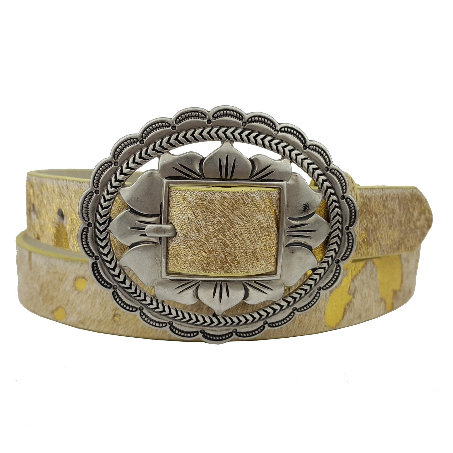 Belt: Western Oval Floral Etched Buckle w. Genuine Cow Hair Leather Belt