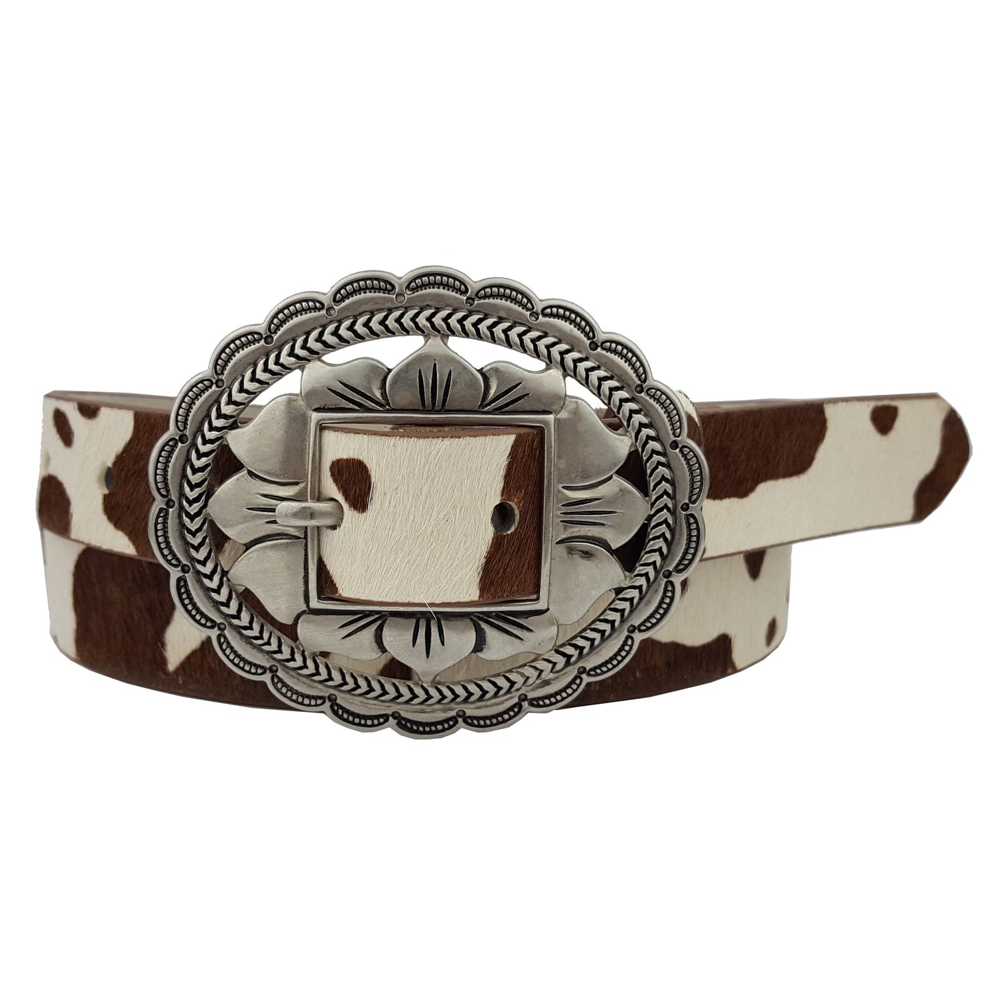 Belt: Western Oval Floral Etched Buckle w. Genuine Cow Hair Leather Belt