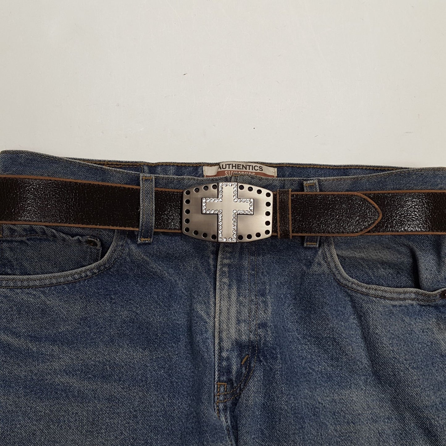 Belt: Vintage Leather belt with Crystal Cross Buckle