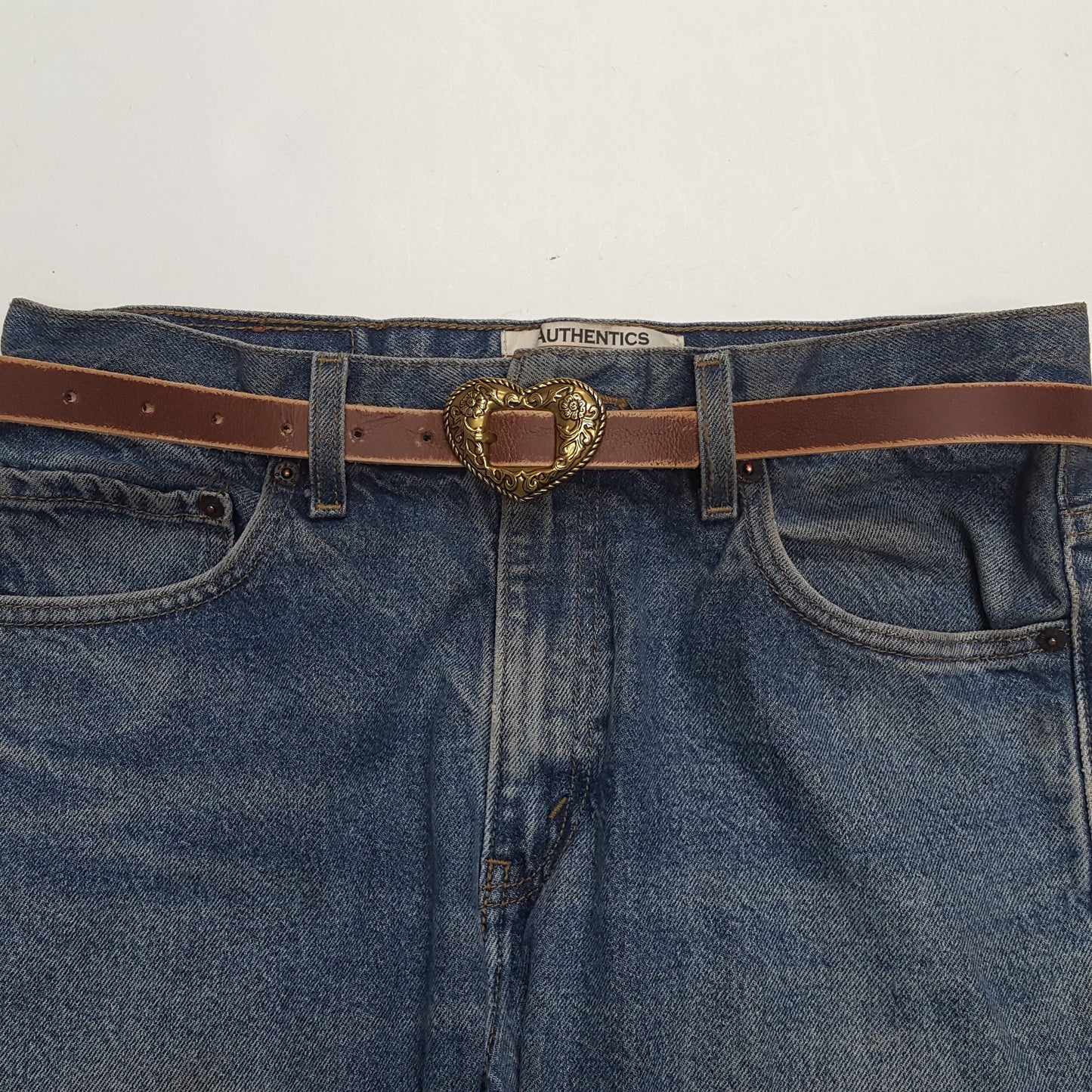 Belt: Vintage Distress Skinny Leather Belt with Brass metal finish Heart Buckle