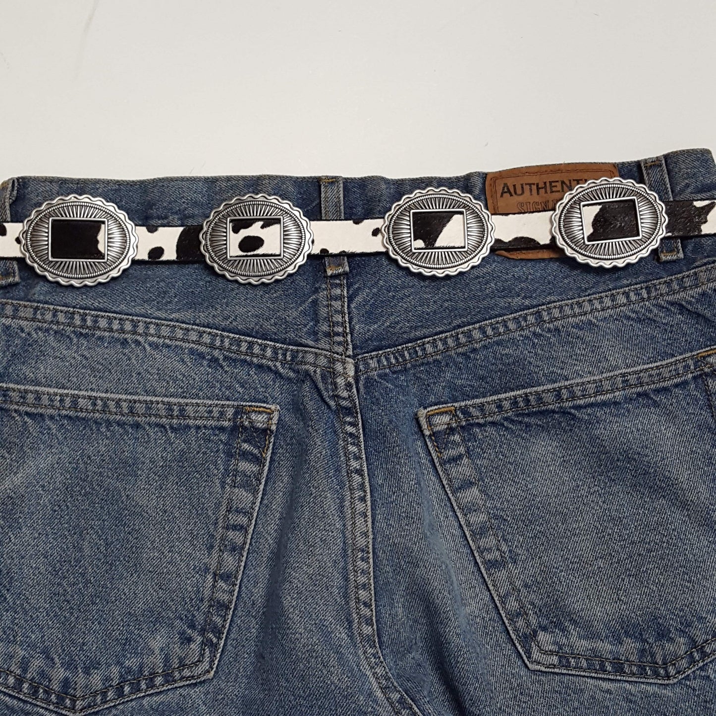 Belt: Western Genuine Cow Hair Leather belt w. packed Conchos