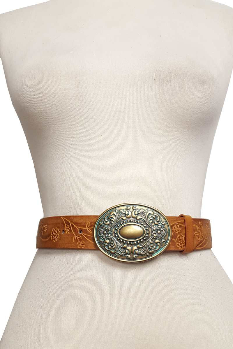 Buckle: Quality Western Floral Etched Oval Belt Buckle