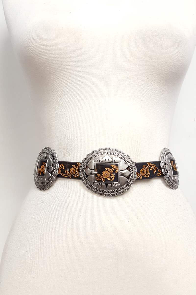 Belt: Western-Inspired Concho Belt in Floral Embossing Belt