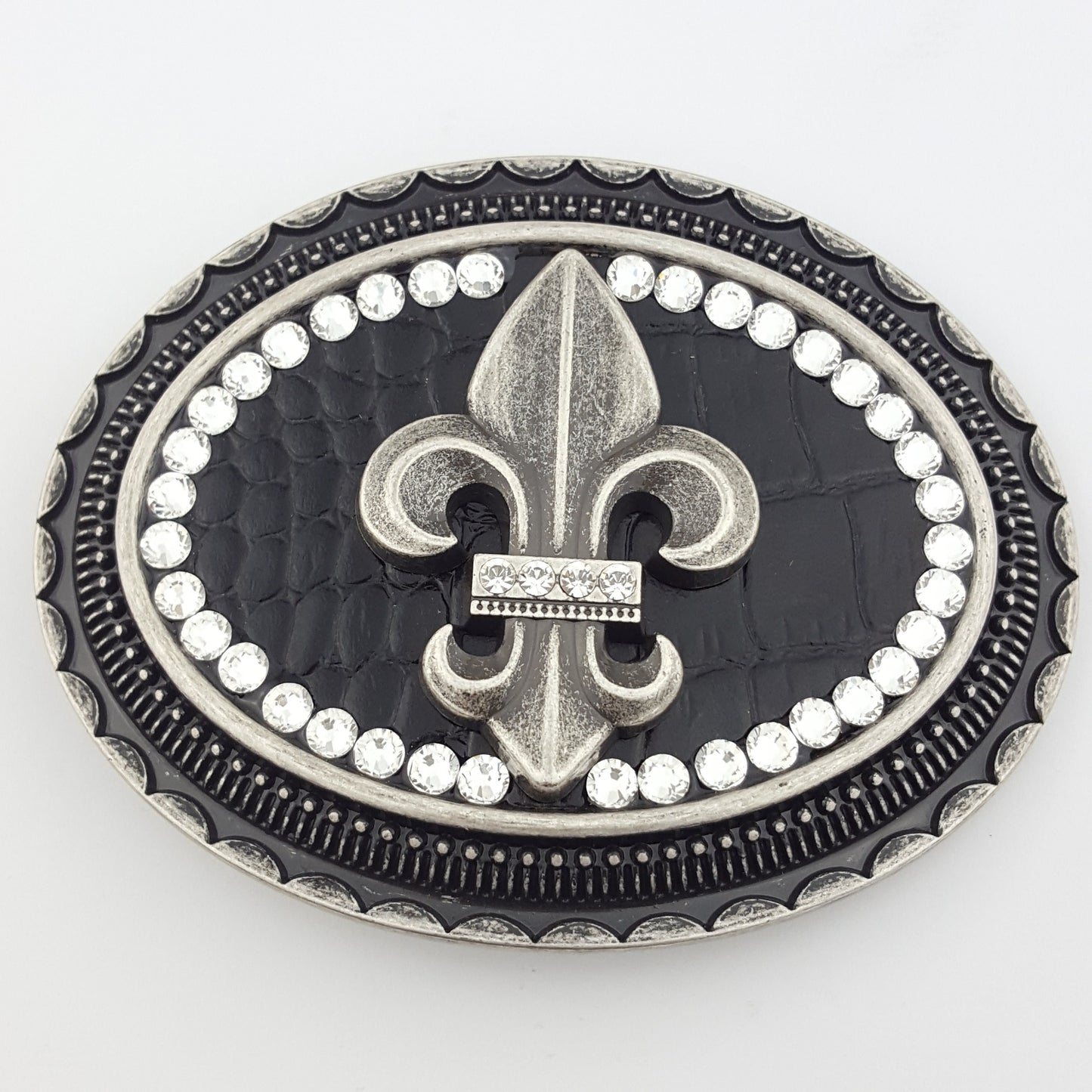 Buckle: Western Oval Belt Buckle with Fleur De Lis and Crystals