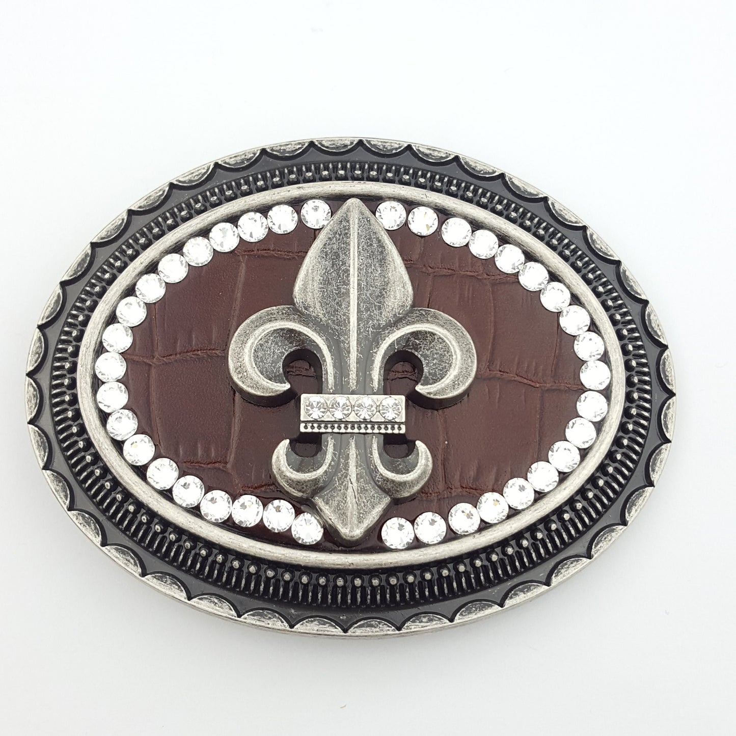Buckle: Western Oval Belt Buckle with Fleur De Lis and Crystals