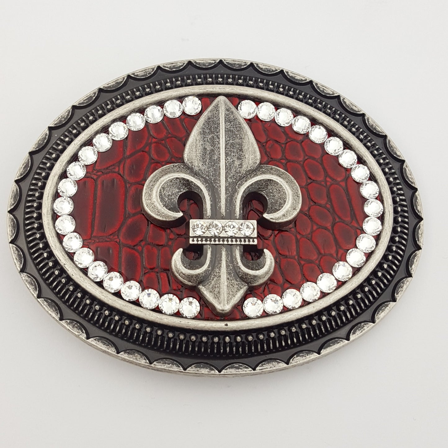 Buckle: Western Oval Belt Buckle with Fleur De Lis and Crystals
