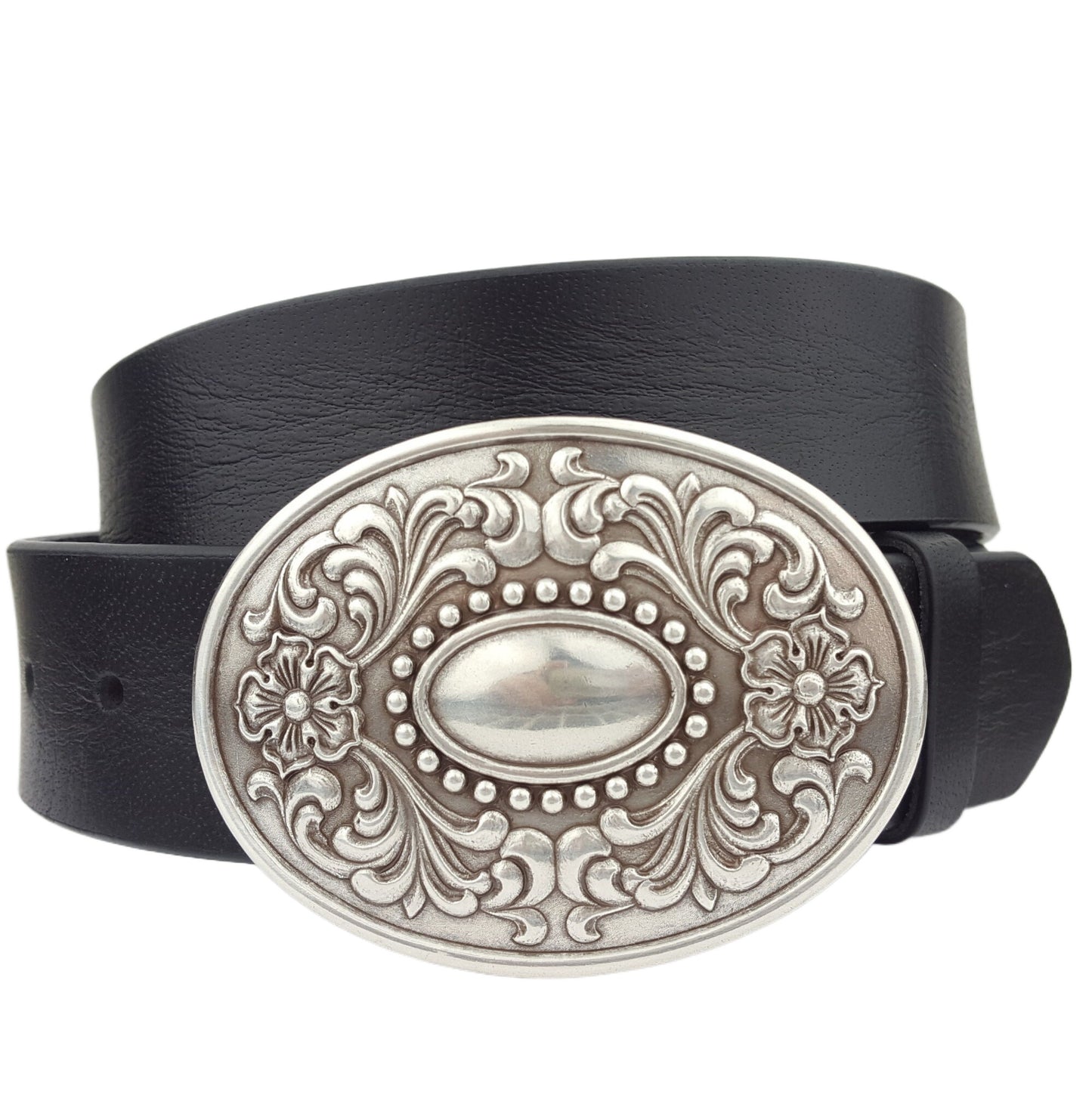 Belt: Genuine leather belt w. Western Silver Floral buckle